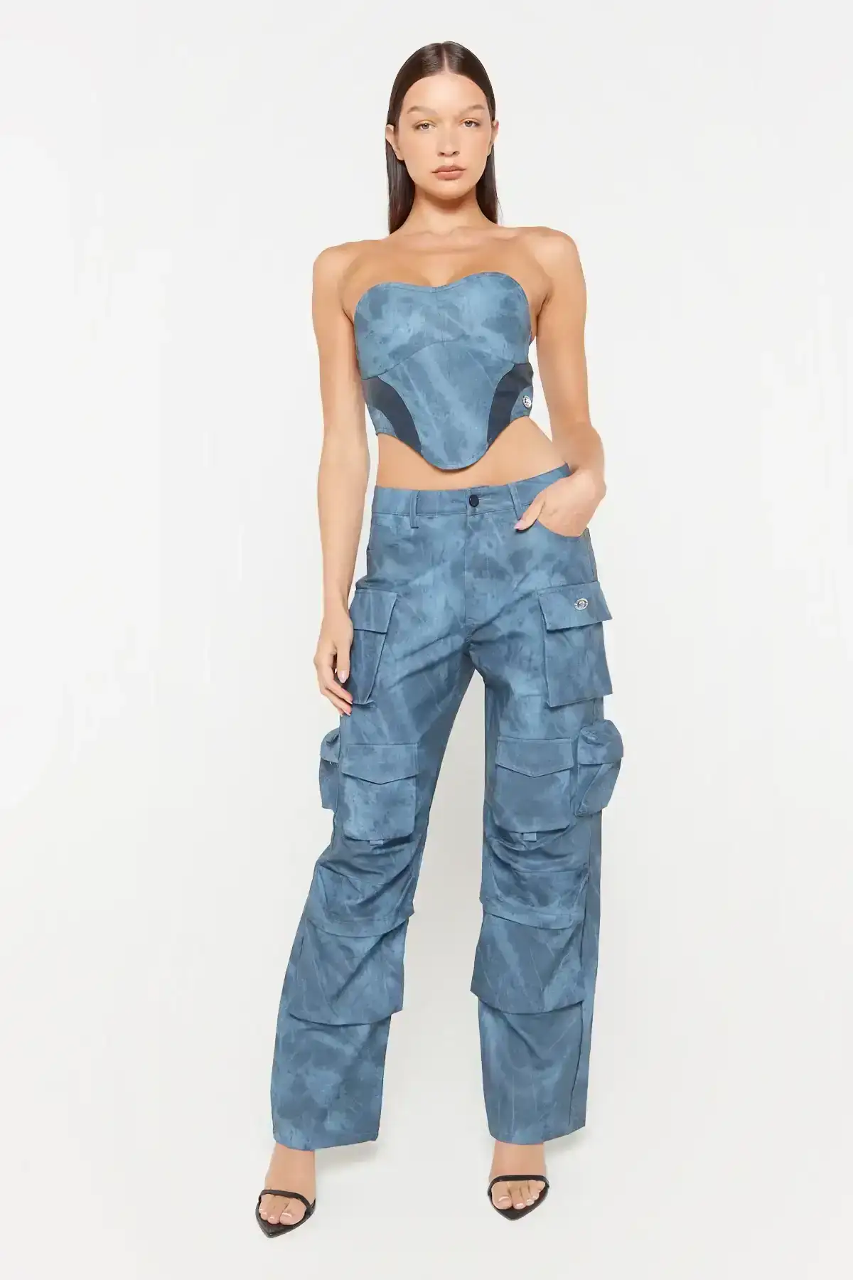 Image of Blue Acid Wash Oversized Vegan Leather Cargo Trouser