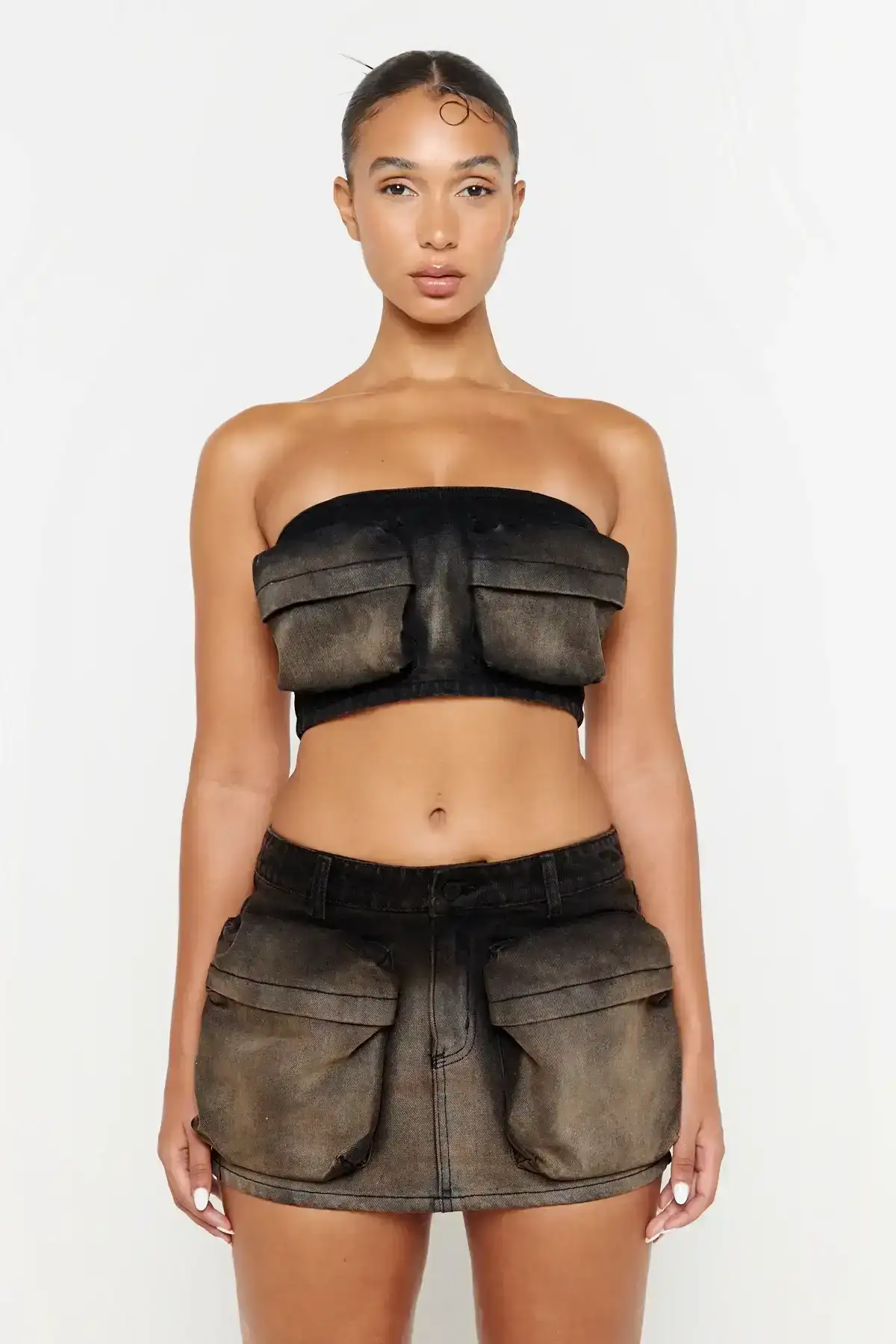 Image of Brown Wash Denim Bandeau Top