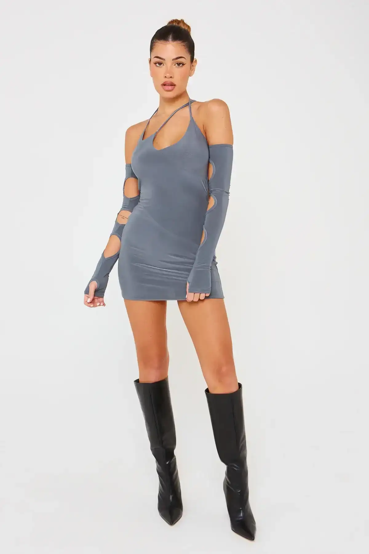 Image of Charcoal Cut Out Sleeve Detail Mini Dress