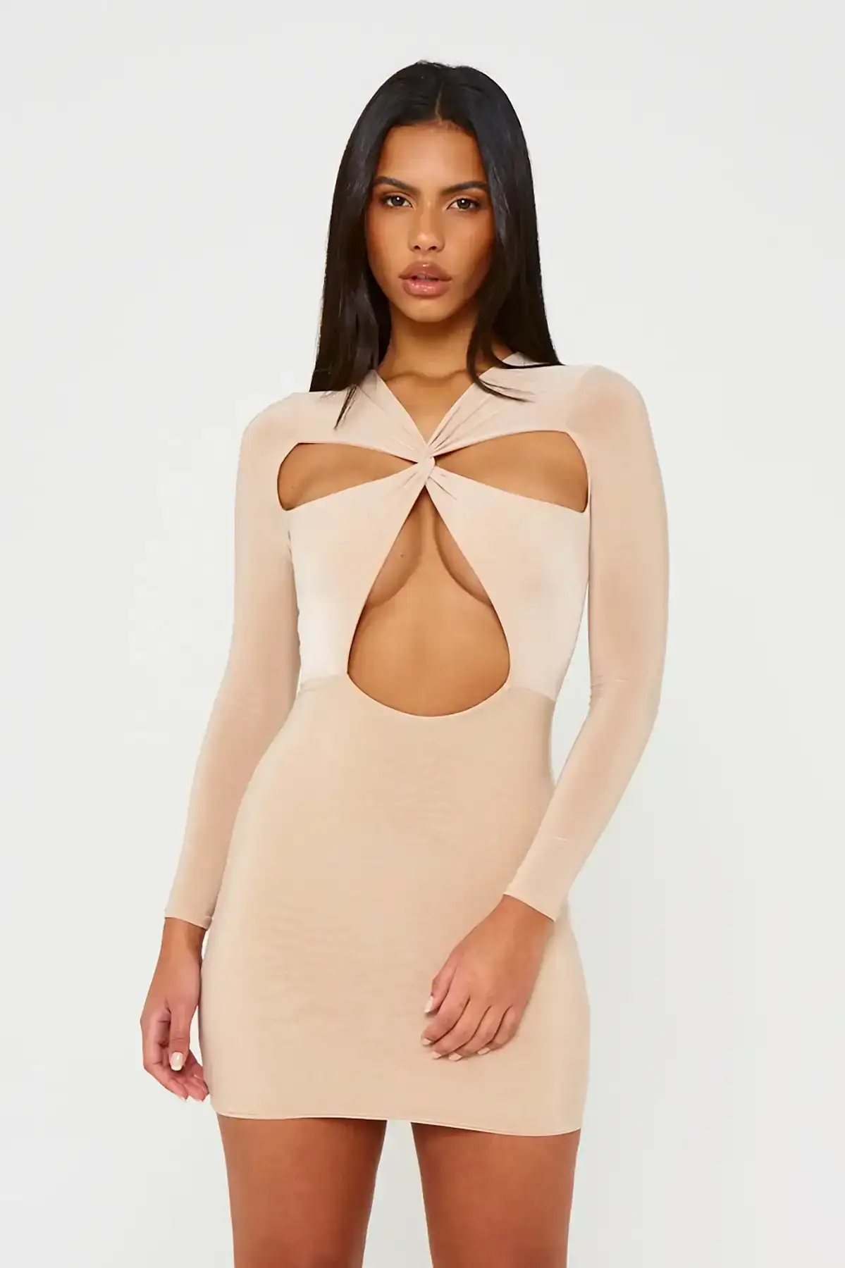 Image of Stone Long Sleeve Slinky Cut Out Twist Dress