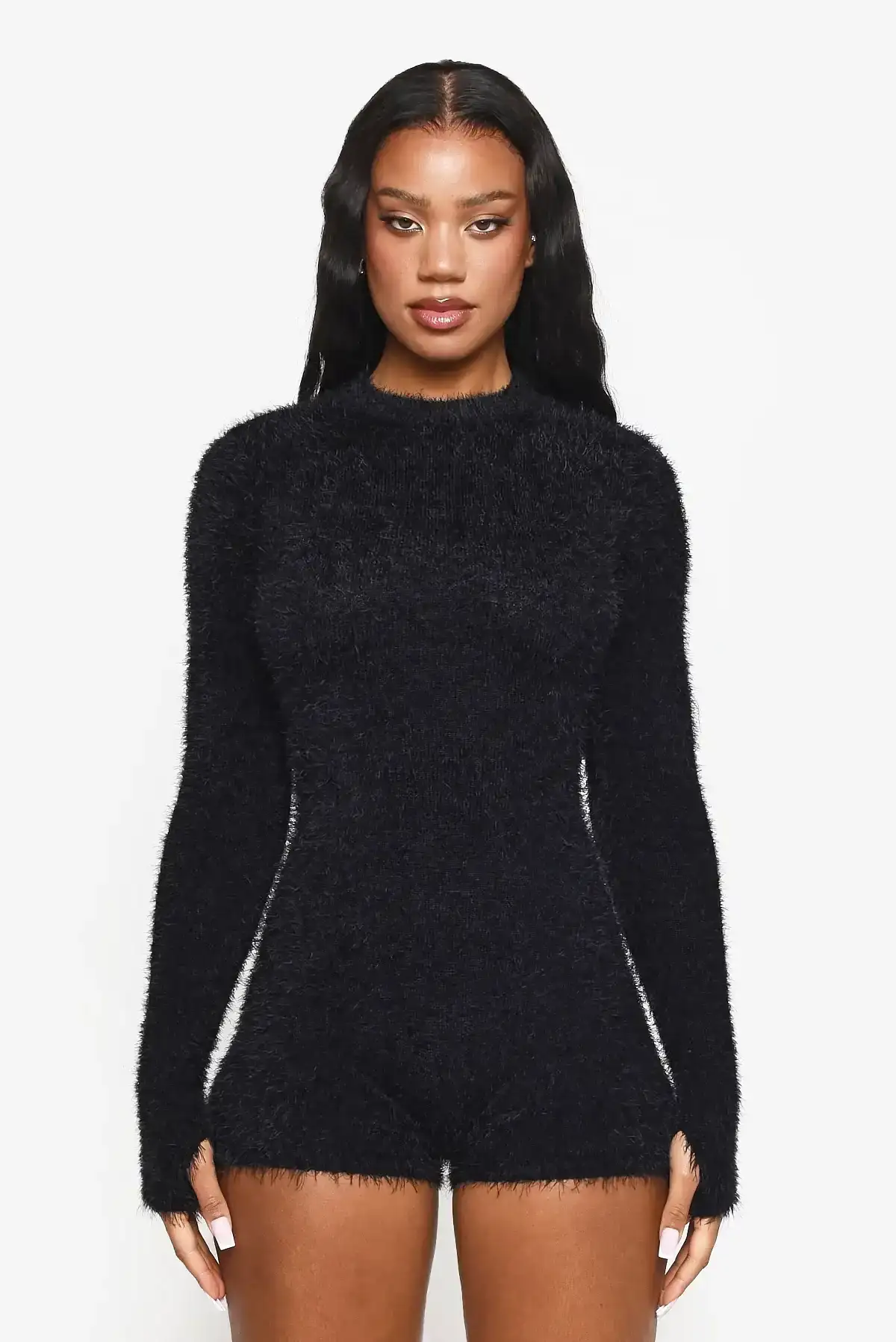 Image of Black Open Back Vegan Mohair Playsuit