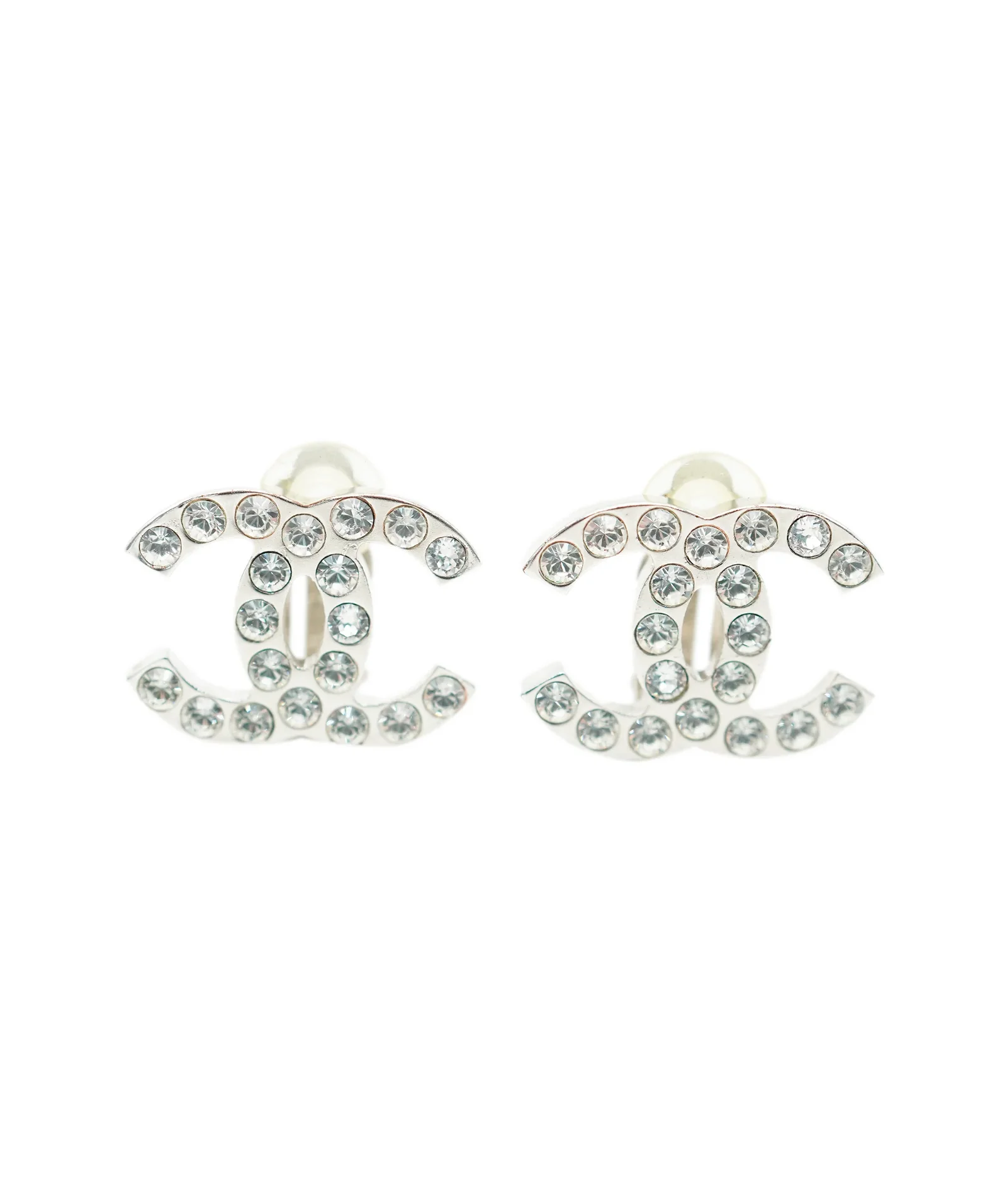 Image of Chanel silver rhinestone cc clip ons earrings AVC1933