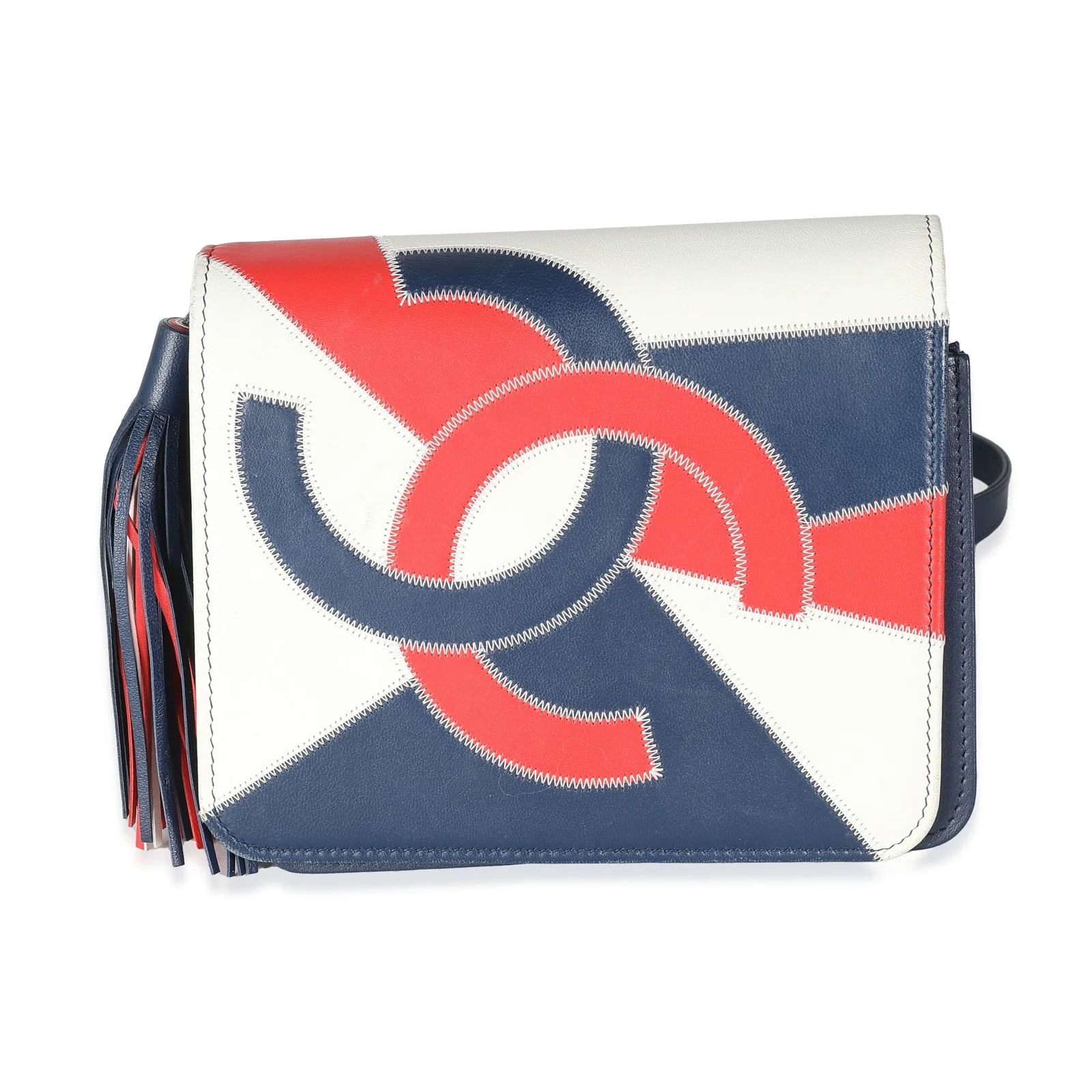 Image of Chanel Red Blue White Lambskin Patchwork CC Flap Bag