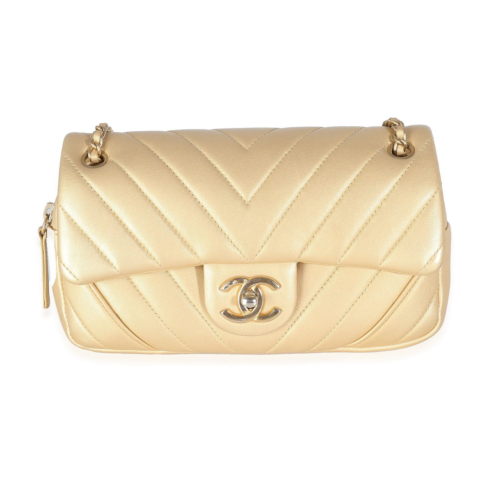 Image of Chanel Gold Chevron Flap Bag with Gold Hardware ULC1058