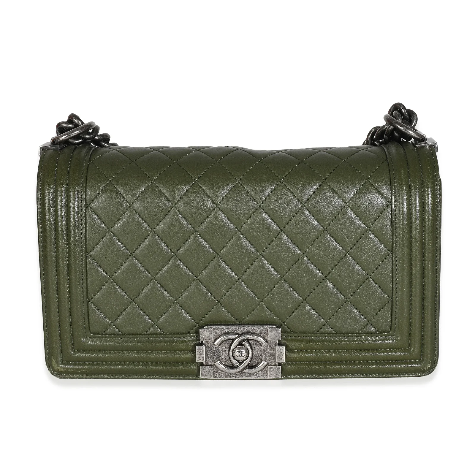 Image of Chanel Green Quilted Lambskin Old Medium Boy Bag