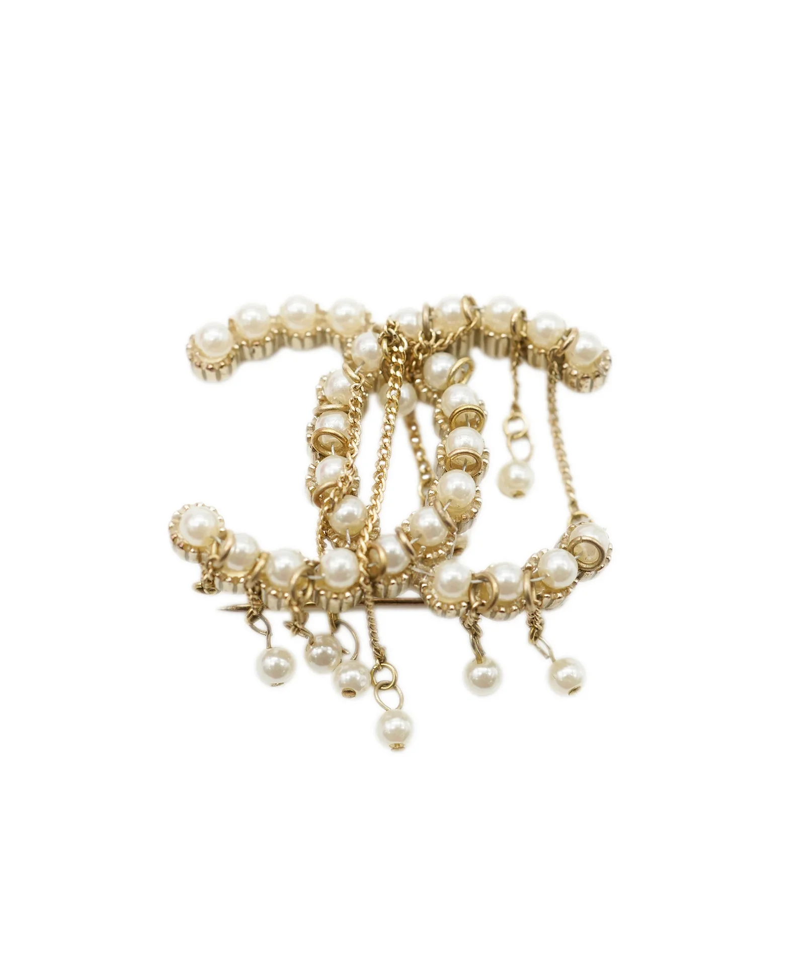 Image of Chanel Pearl Chain Detail Champagne Gold Brooch ALL0648