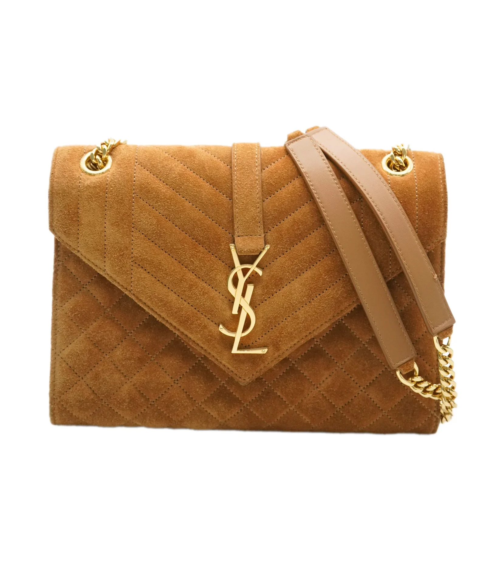 Image of Saint Laurent Brown Suede Tri Quilt Envelope Flap Chain Bag ABC0529