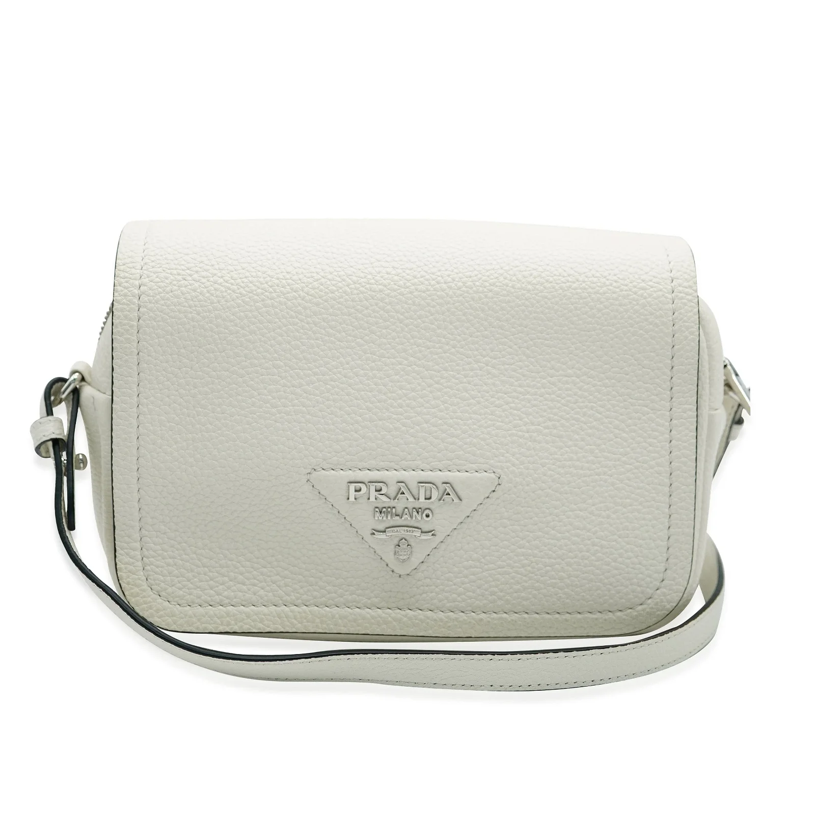 Image of Prada White Vitello Daino Logo Crossbody Flap Bag