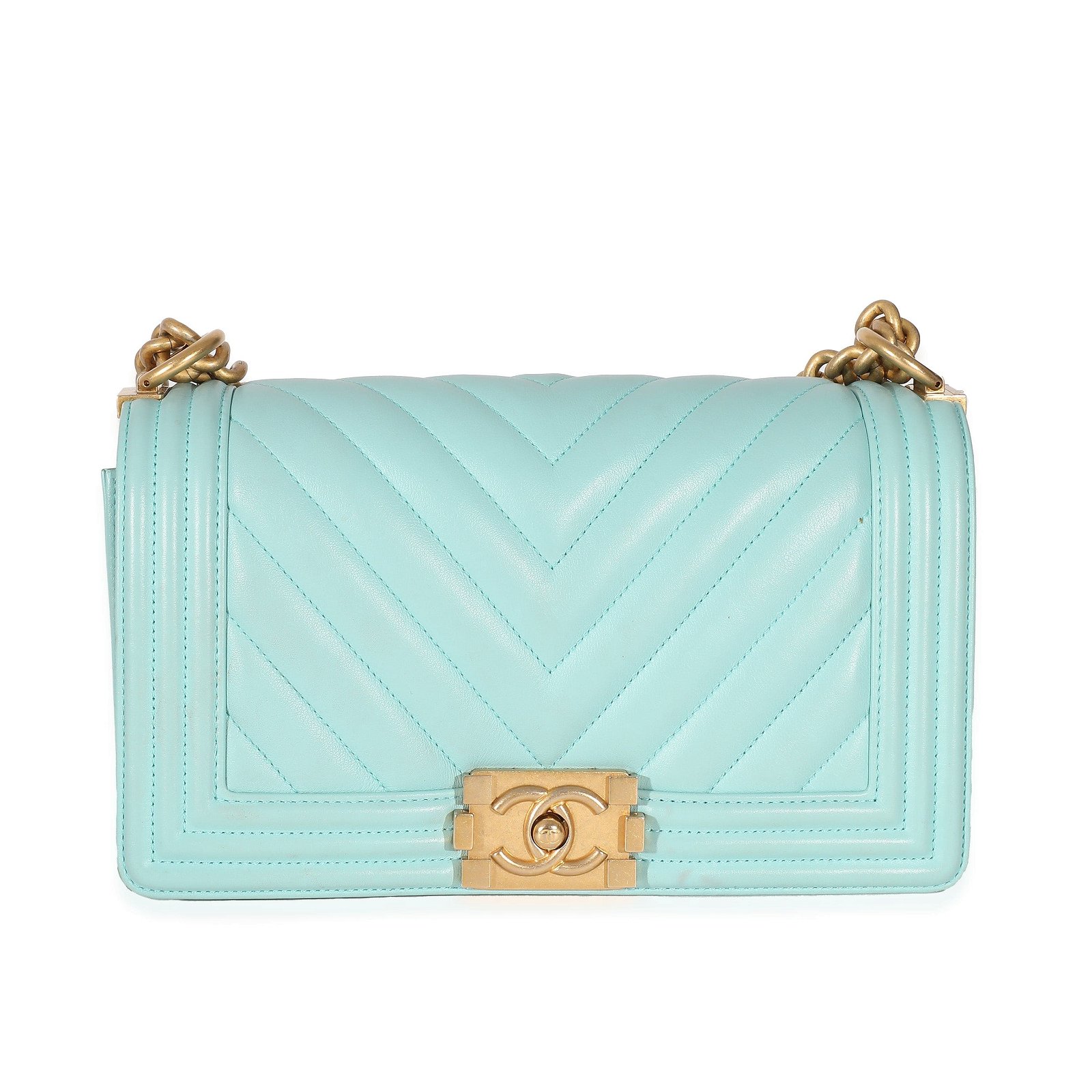 Image of Chanel Light Blue Chevron Lambskin Medium Boy Bag