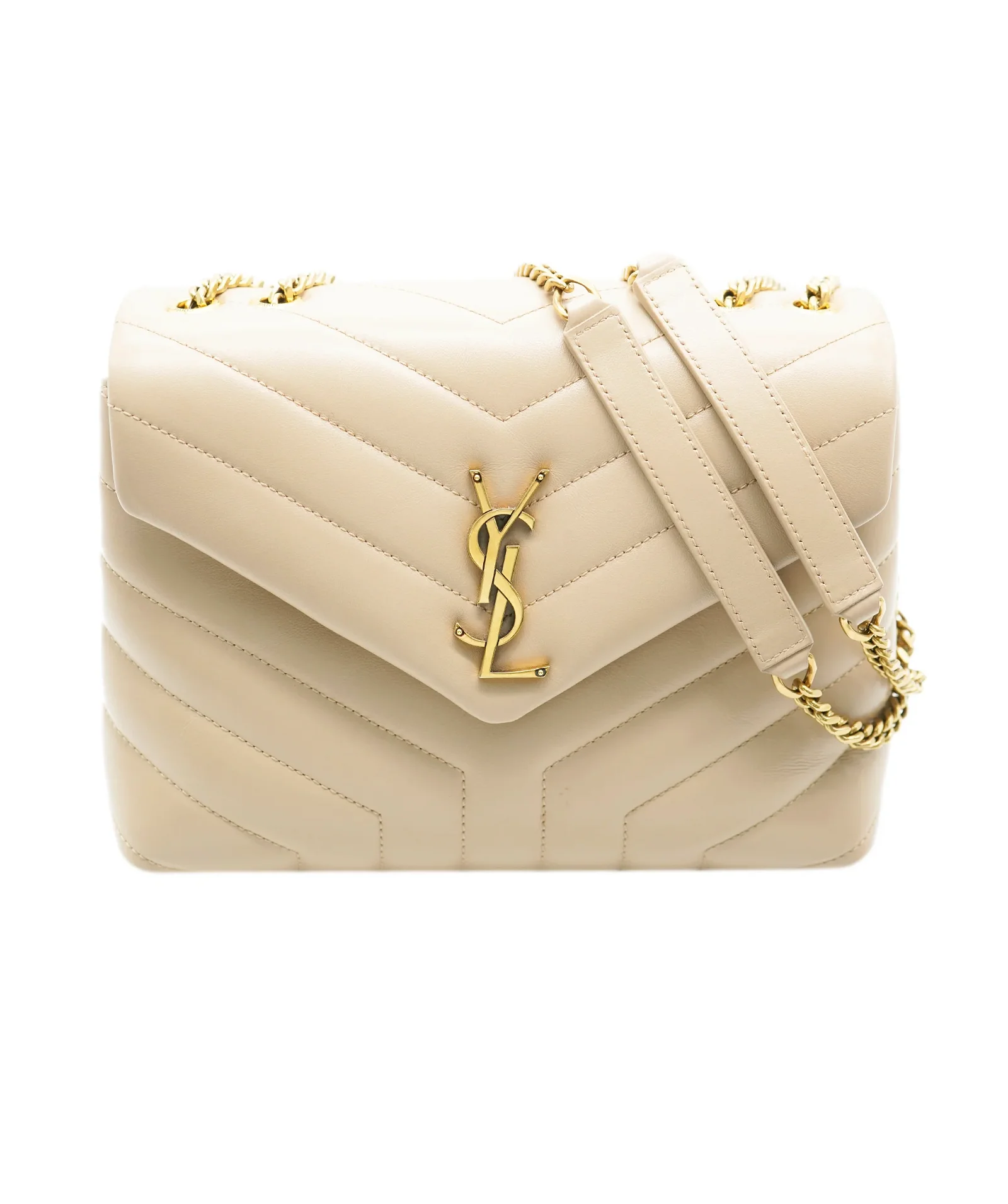 Image of Saint Laurent Dark Beige Chevron Quilted Calfskin Small LouLou Bag ABC0469