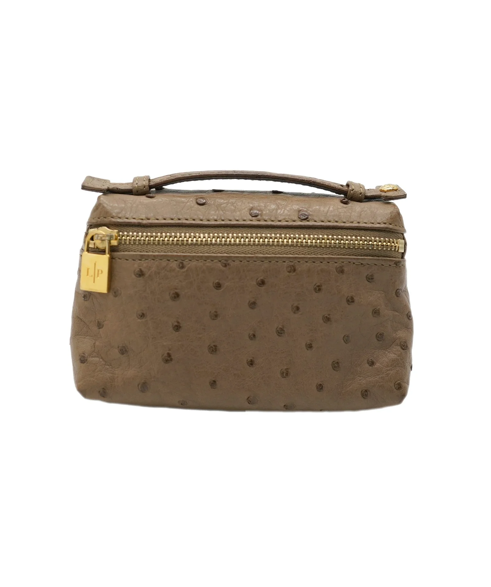 Image of Loro Piana Brown Micro Pocket Pouch Bag in Ostrich Leather with Gold Hardware RRP 3500 ALC1358