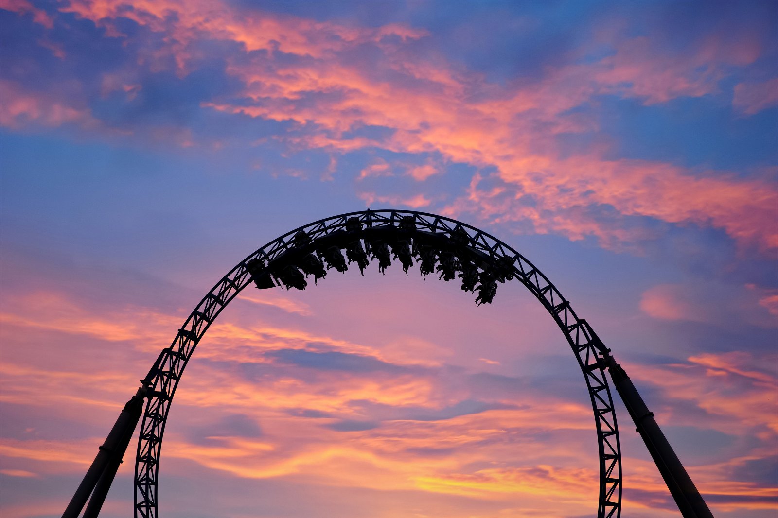 Dusk shot of rollercoaster loop-the-loop, Thorpe Park