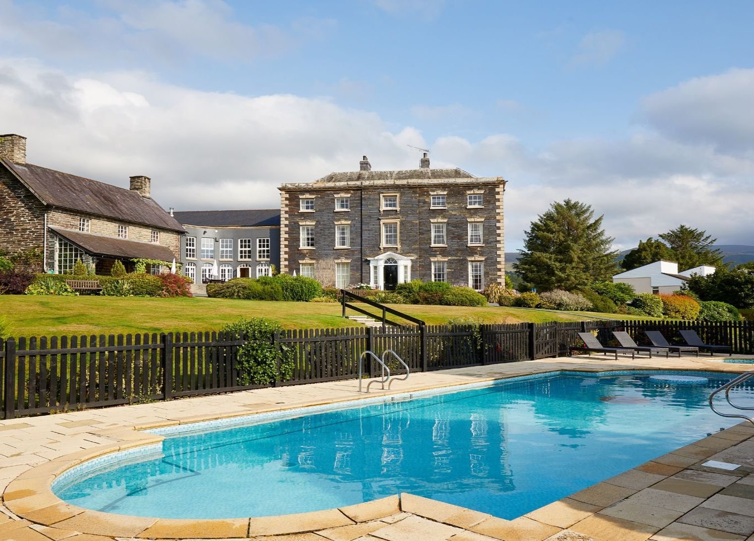 Plas Talgarth exterior, grounds and pool, Snowdonia