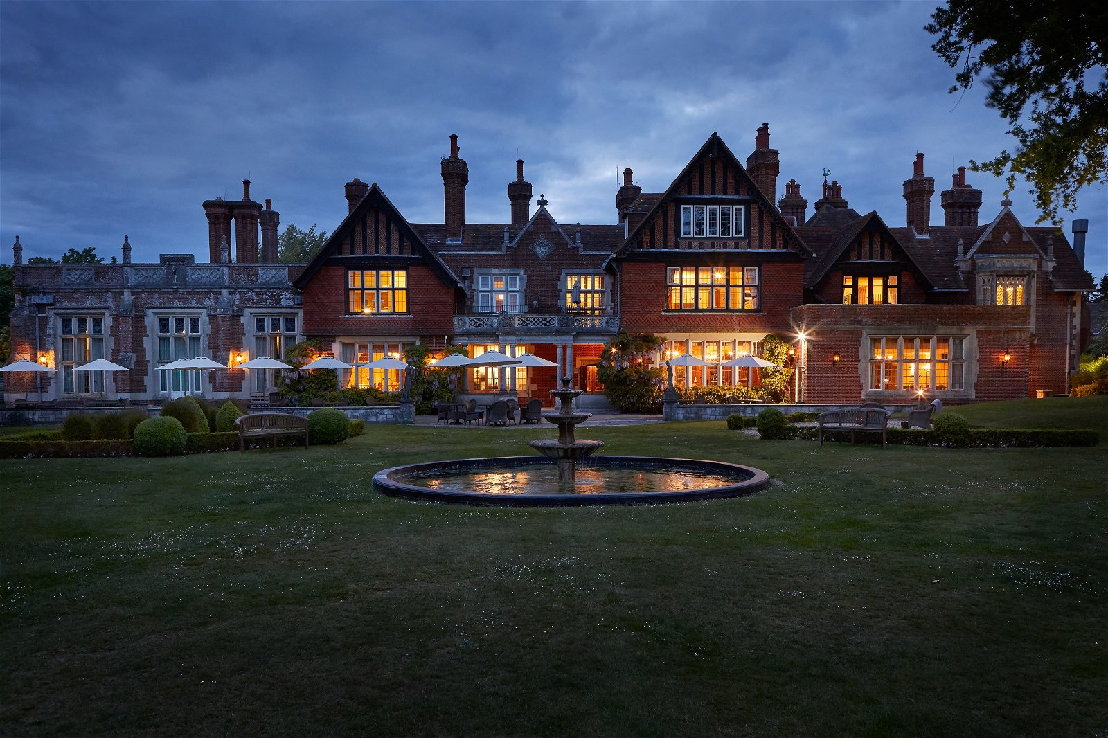 Exterior evening shot of Elmers Court, Lymington