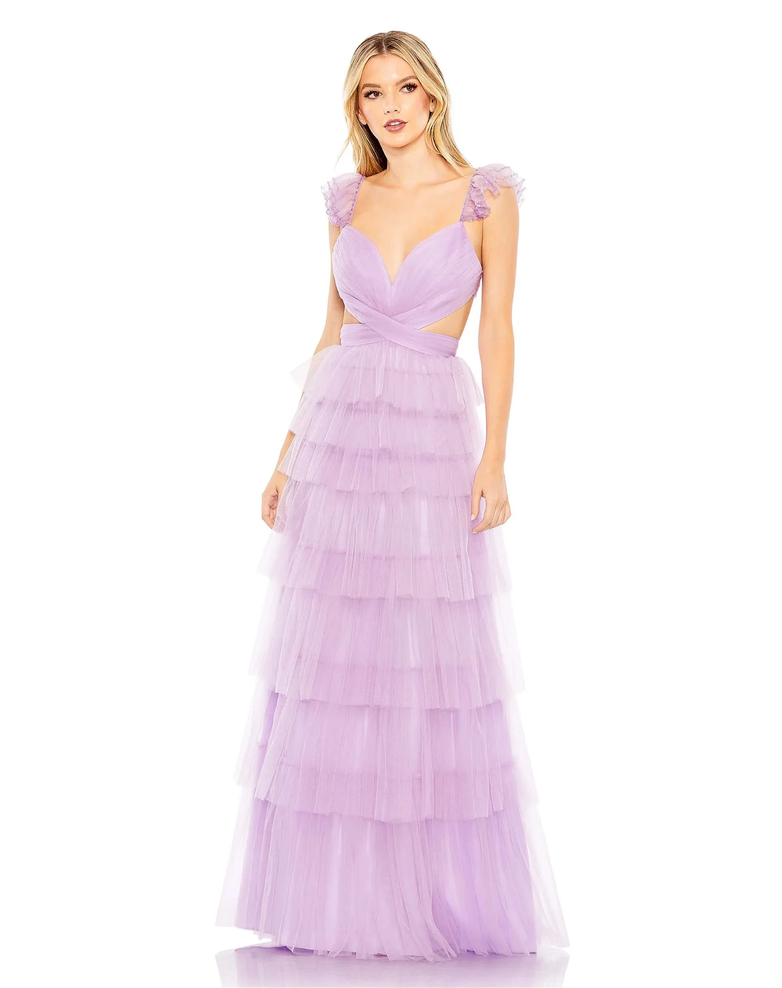 Image of Ruffle Tiered Tulle Cut Out Gown