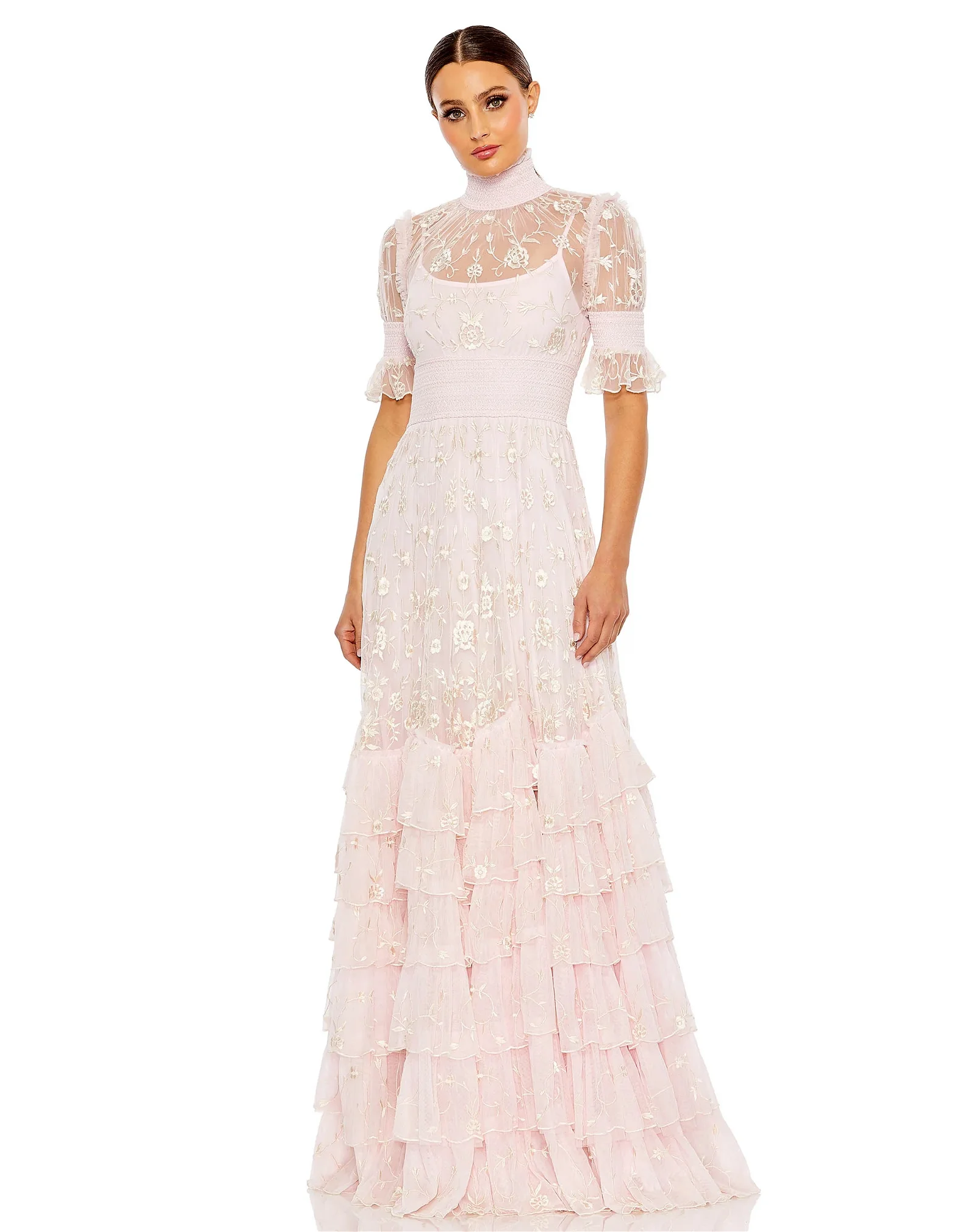 Image of Embroidered Floral Tiered Smock Neck Gown
