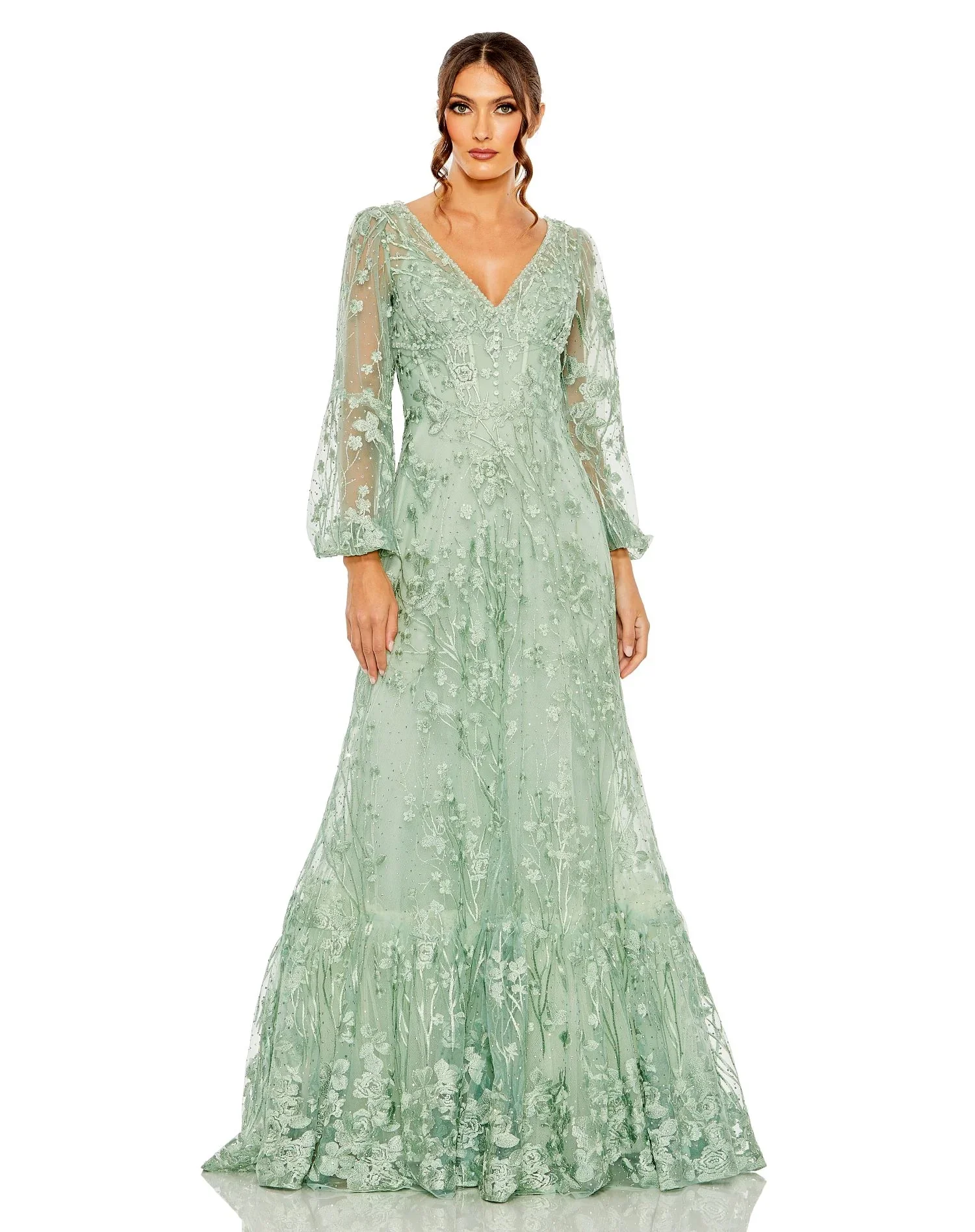 Image of V Neck Puff Sleeve A Line Embroidered Gown
