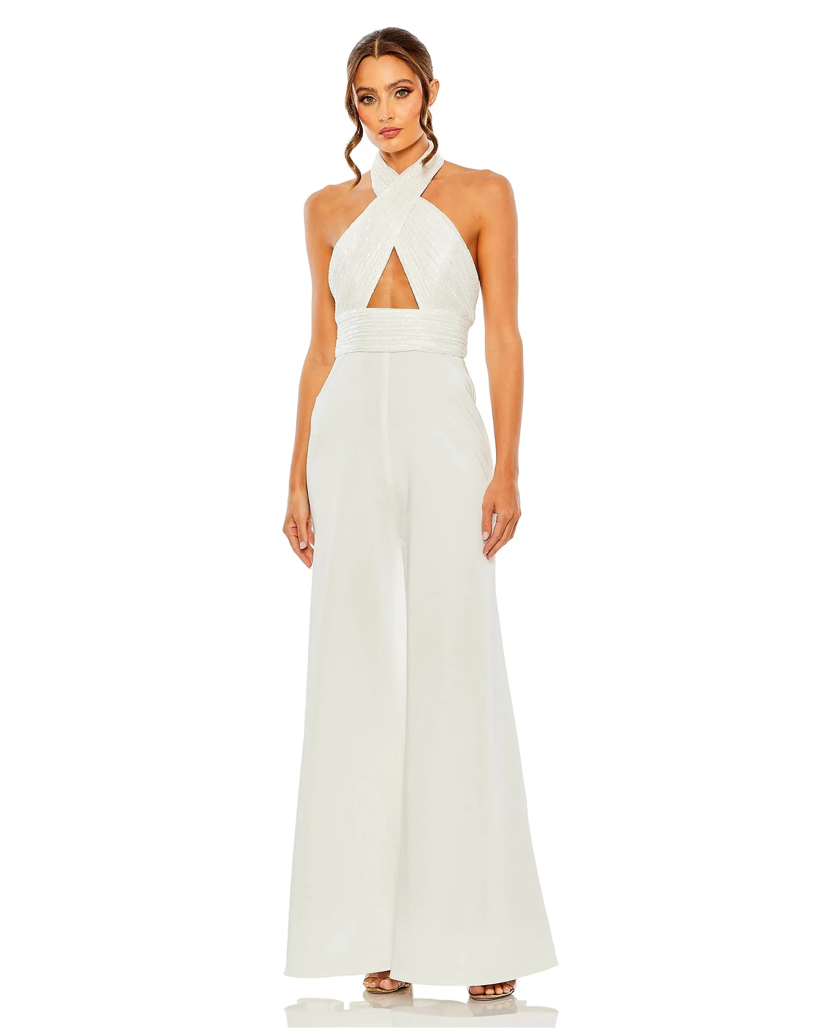 Image of Sequined Cross Neck Halter Jumpsuit