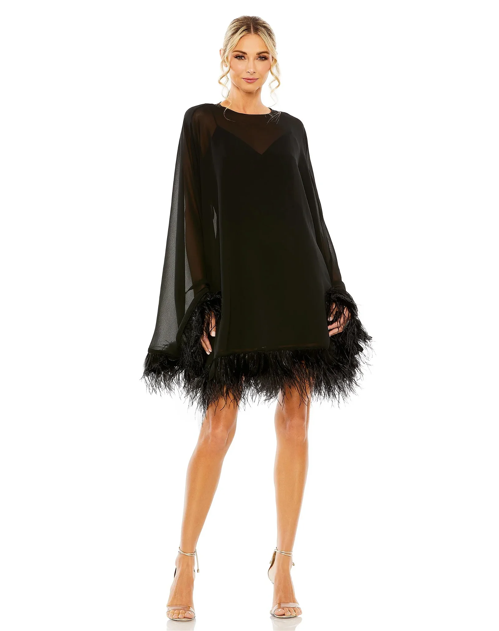 Image of Trapeze Feather Trim Mini Dress