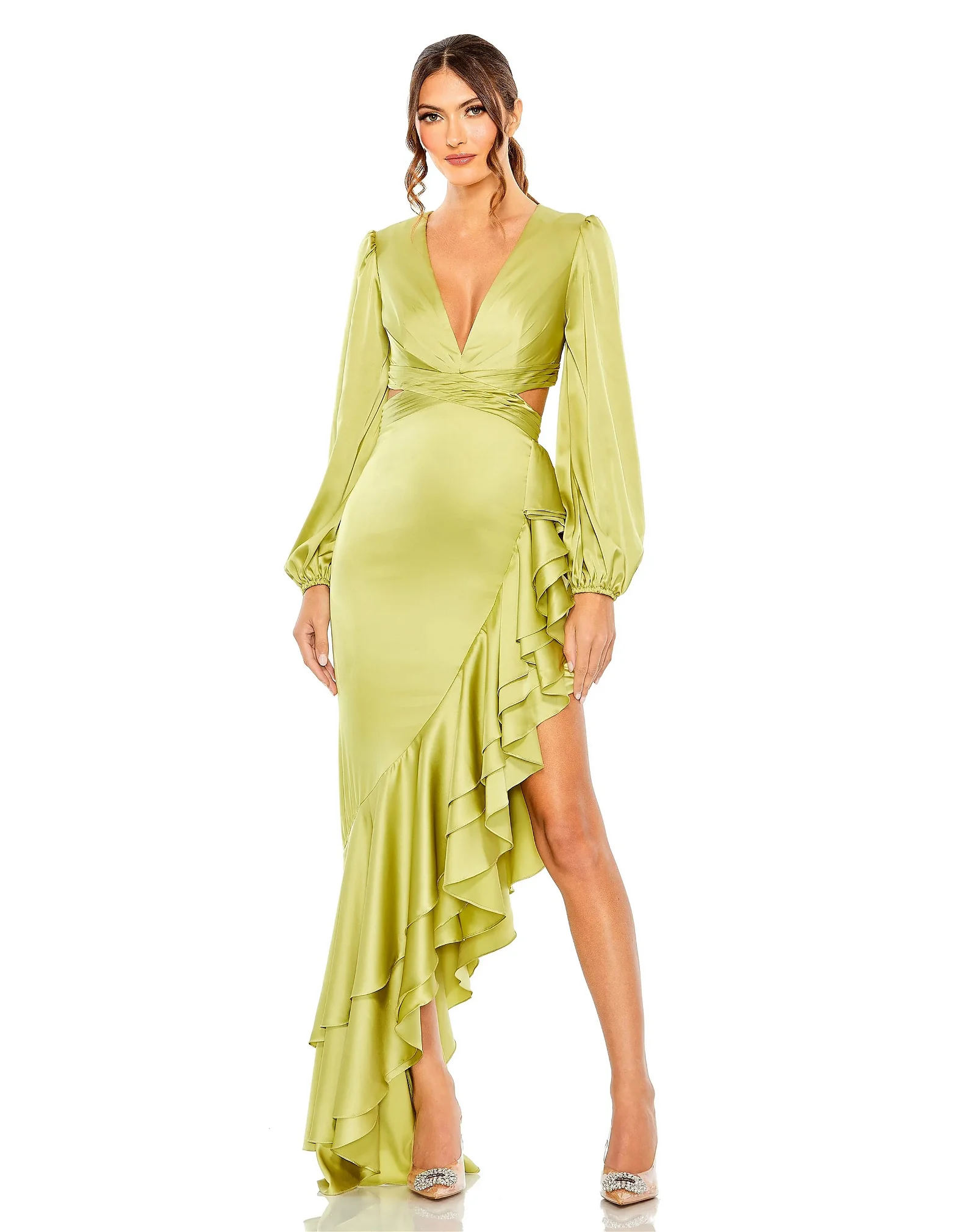 Image of Cut Out Asymmetrical Ruffled Gown