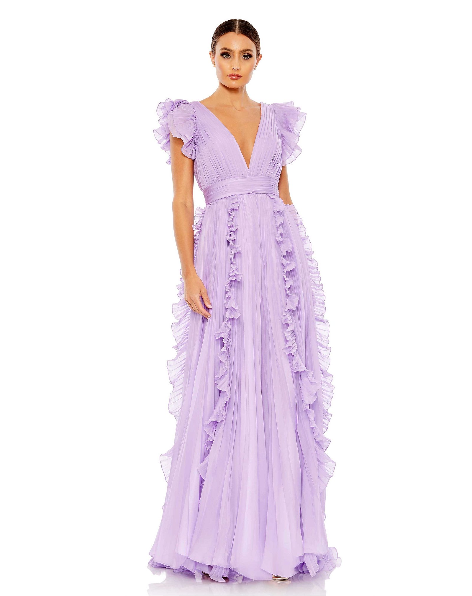 Image of Pleated Ruffle Cap Sleeve Flowy A Line Gown