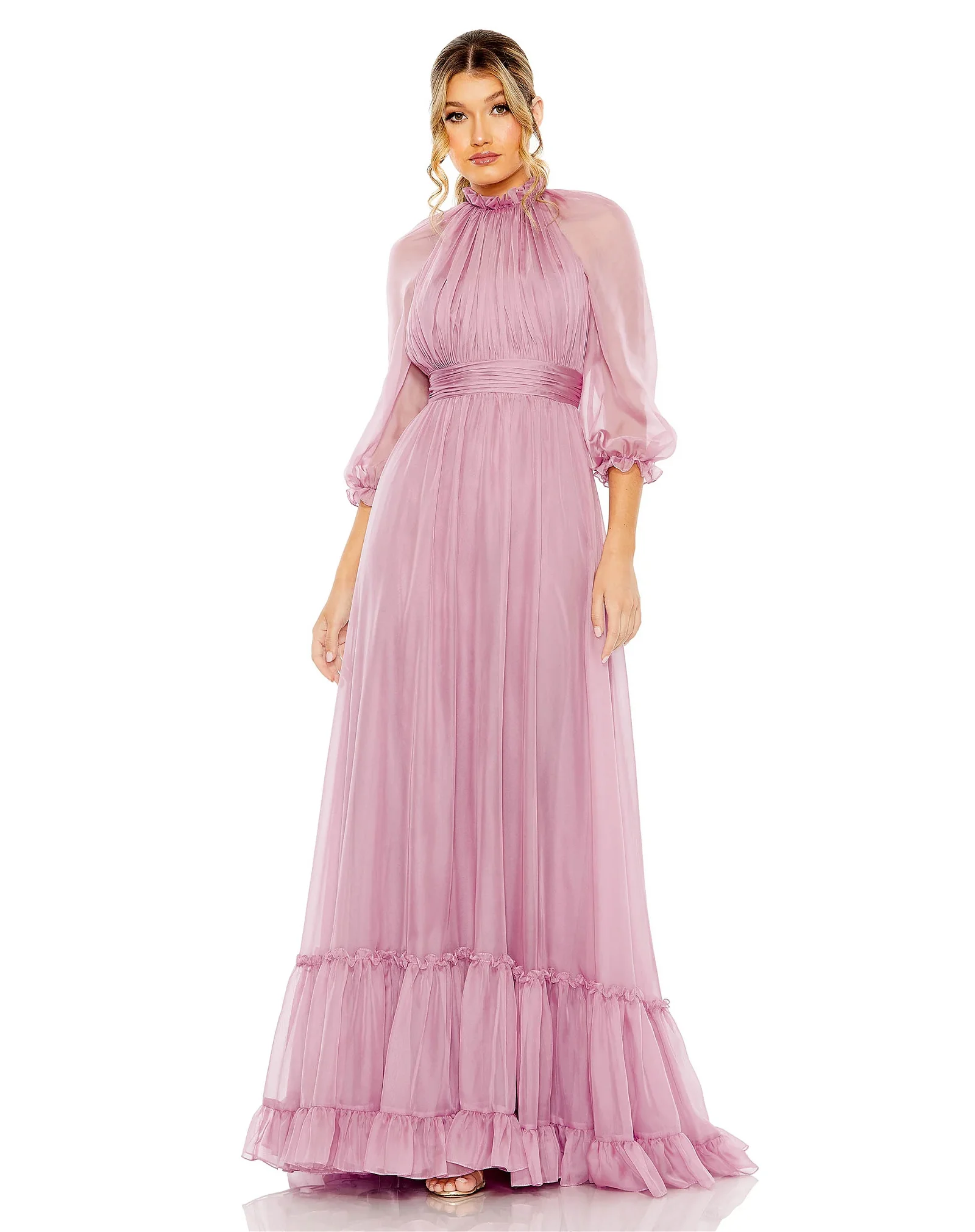 Image of Chiffon Ruched Illusion Raglan Sleeve Ruffled Gown