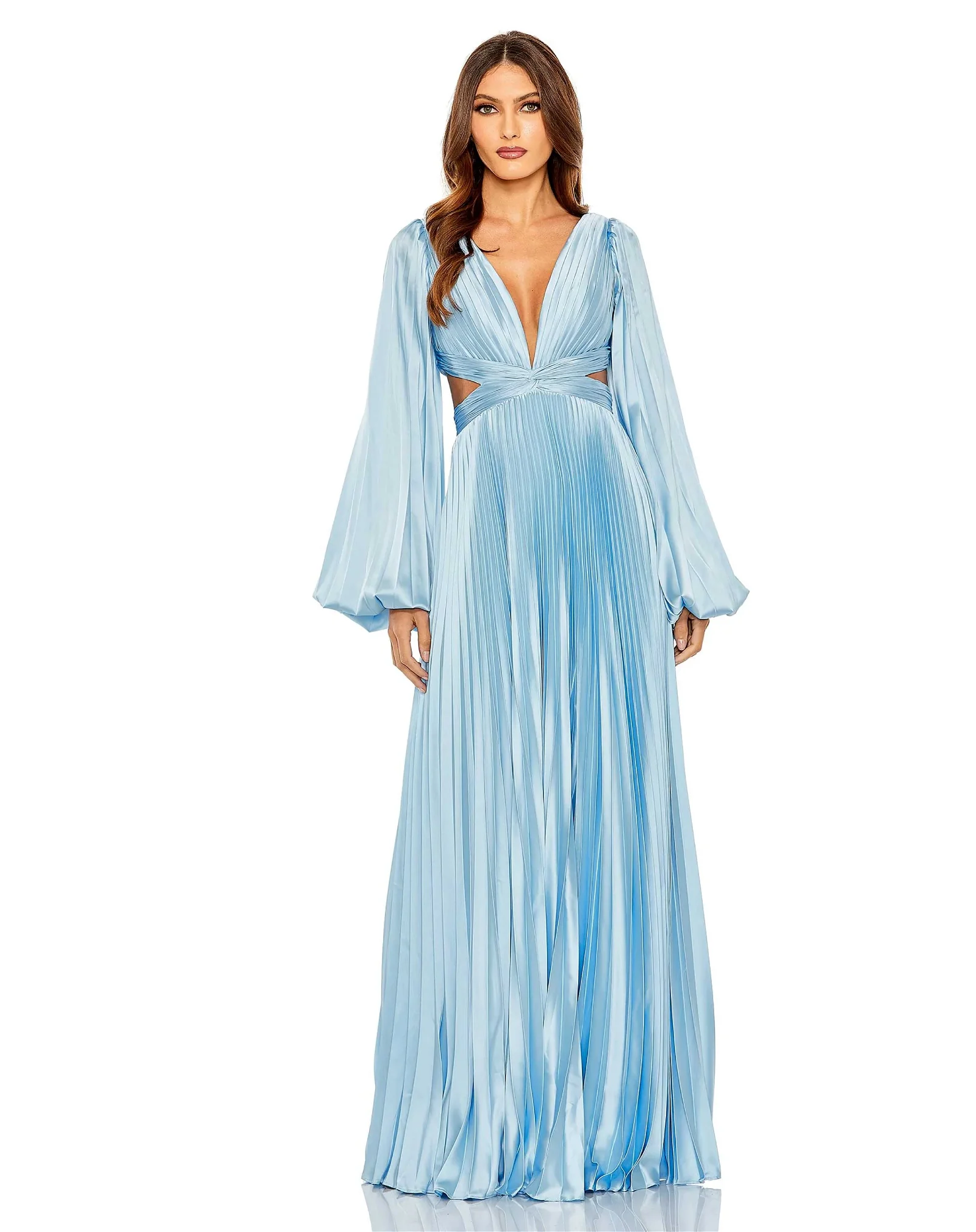 Image of Long Sleeve Pleated Charmeuse Cut Out Gown