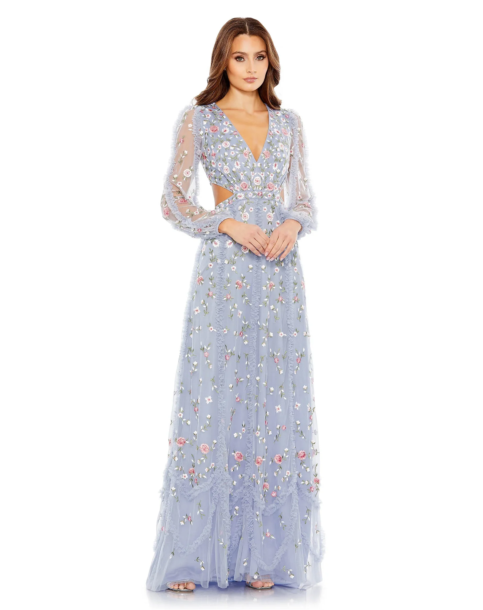 Image of Long Sleeve Embellished Cut Out A-Line Gown