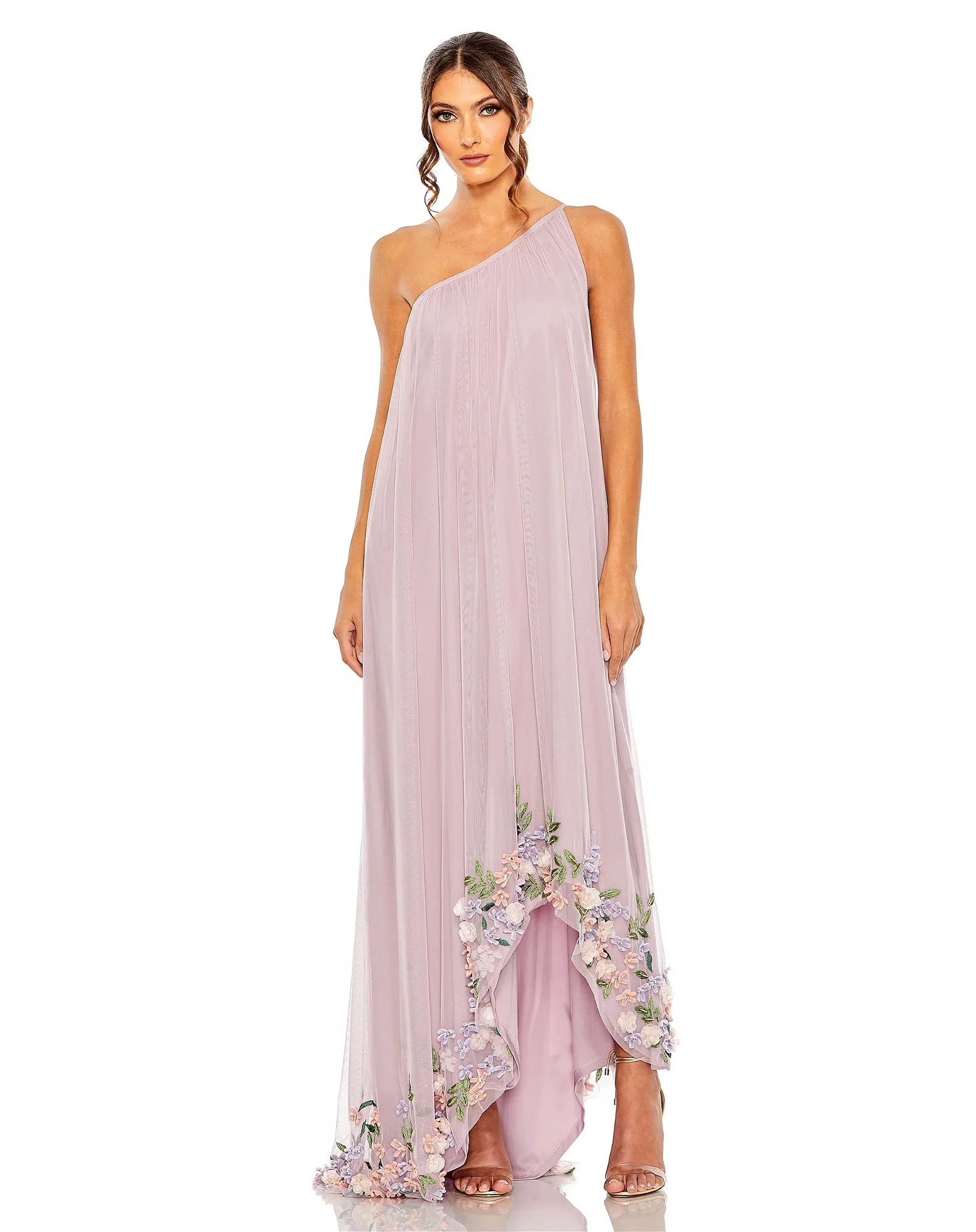 Image of One Shoulder Trapeze Embellished High Low Gown