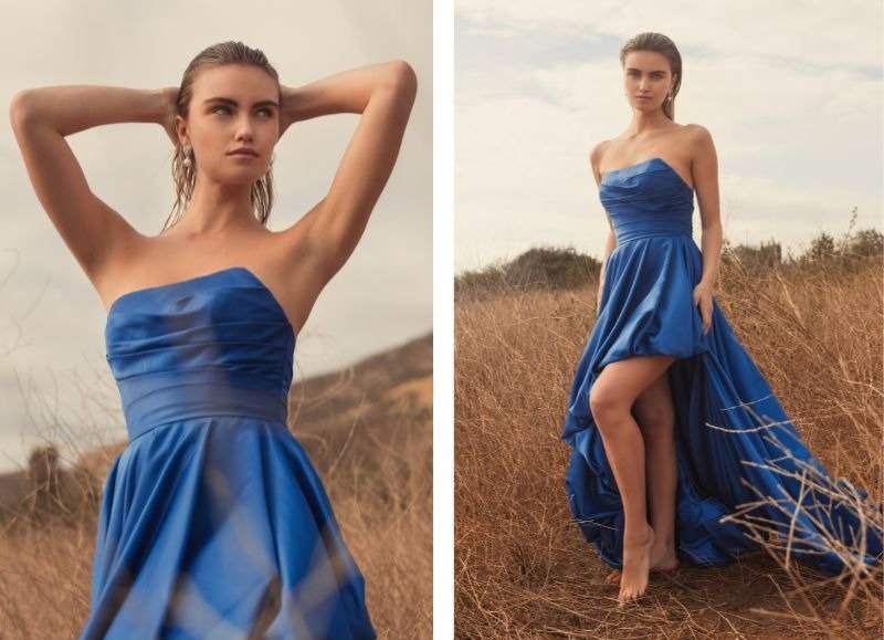 ASYMMETRICAL HIGH LOW STRAPLESS ROUCHED GOWN