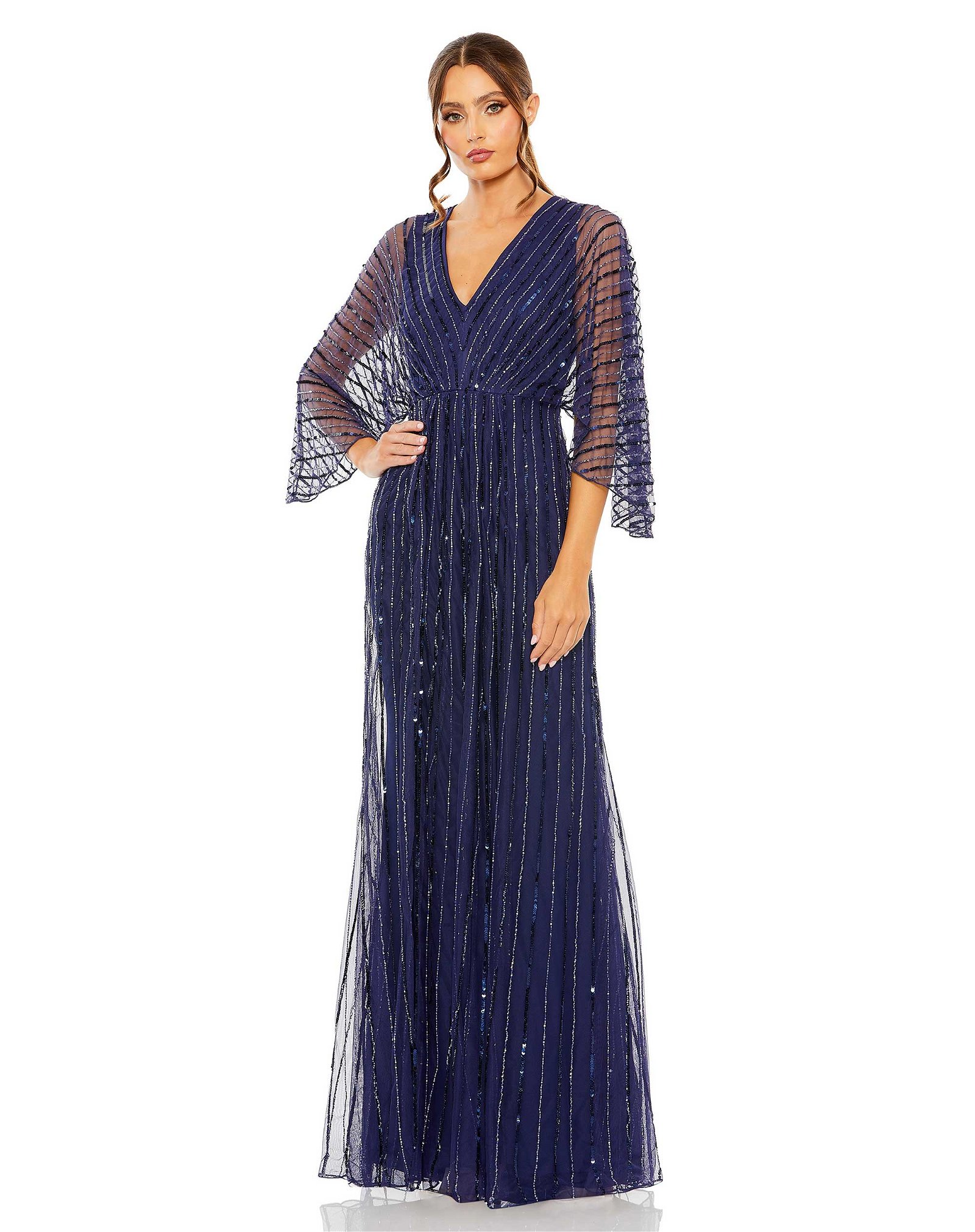 Image of Beaded Striping Kimono Sleeve V Neck Gown