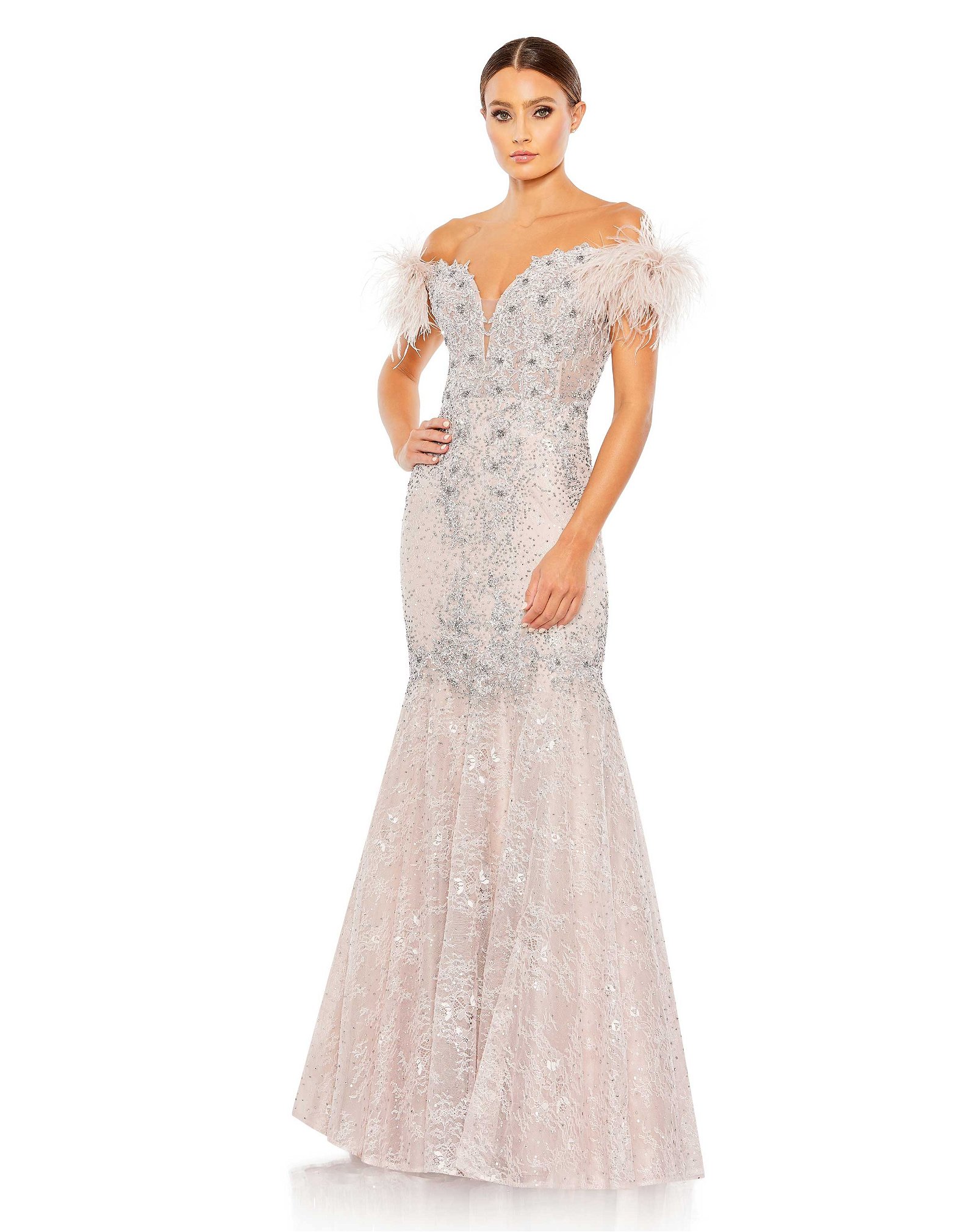 Image of Feathered Crystal Embellished Sleeveless Gown