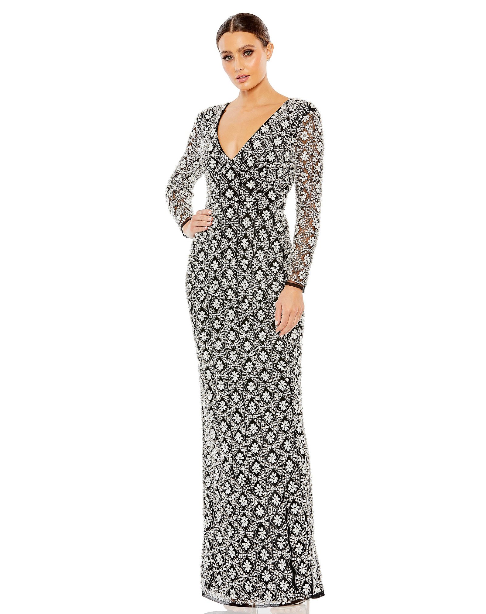 Image of Fully Beaded Long Sleeve Column Gown