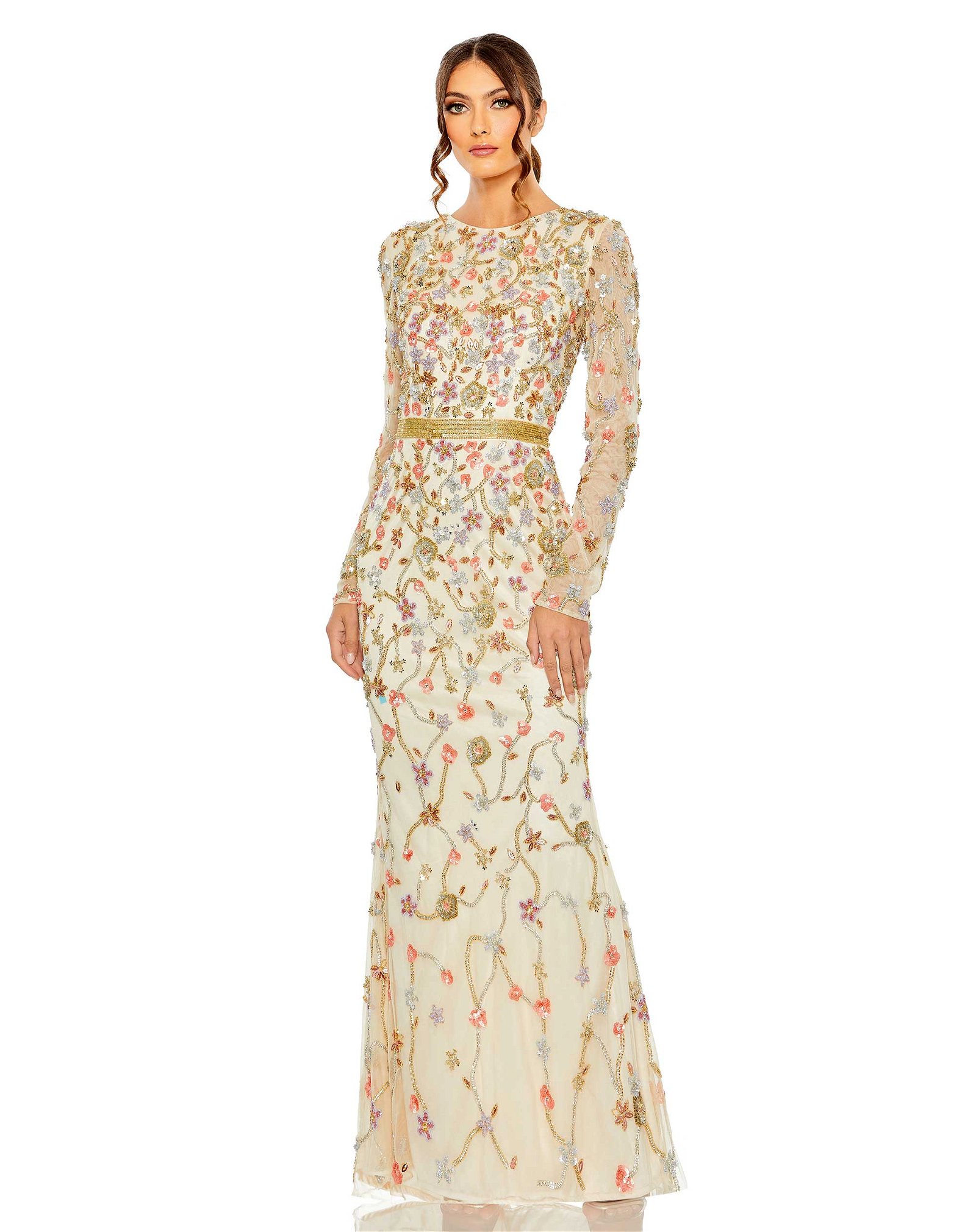 Image of Long Sleeve Floral Embelllished Gown