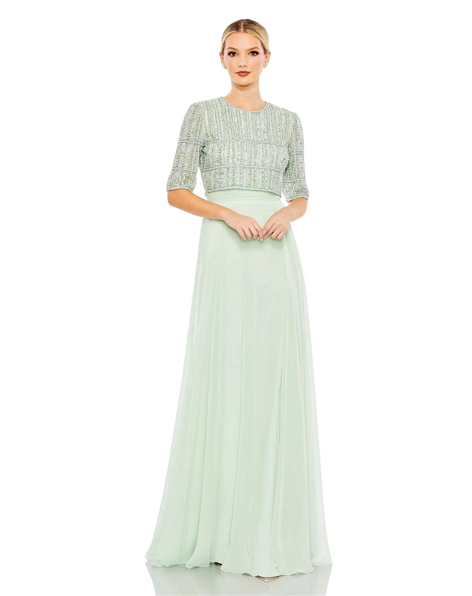 Image of Chiffon Gown w/ Fully Beaded 1/4 Sleeve Top