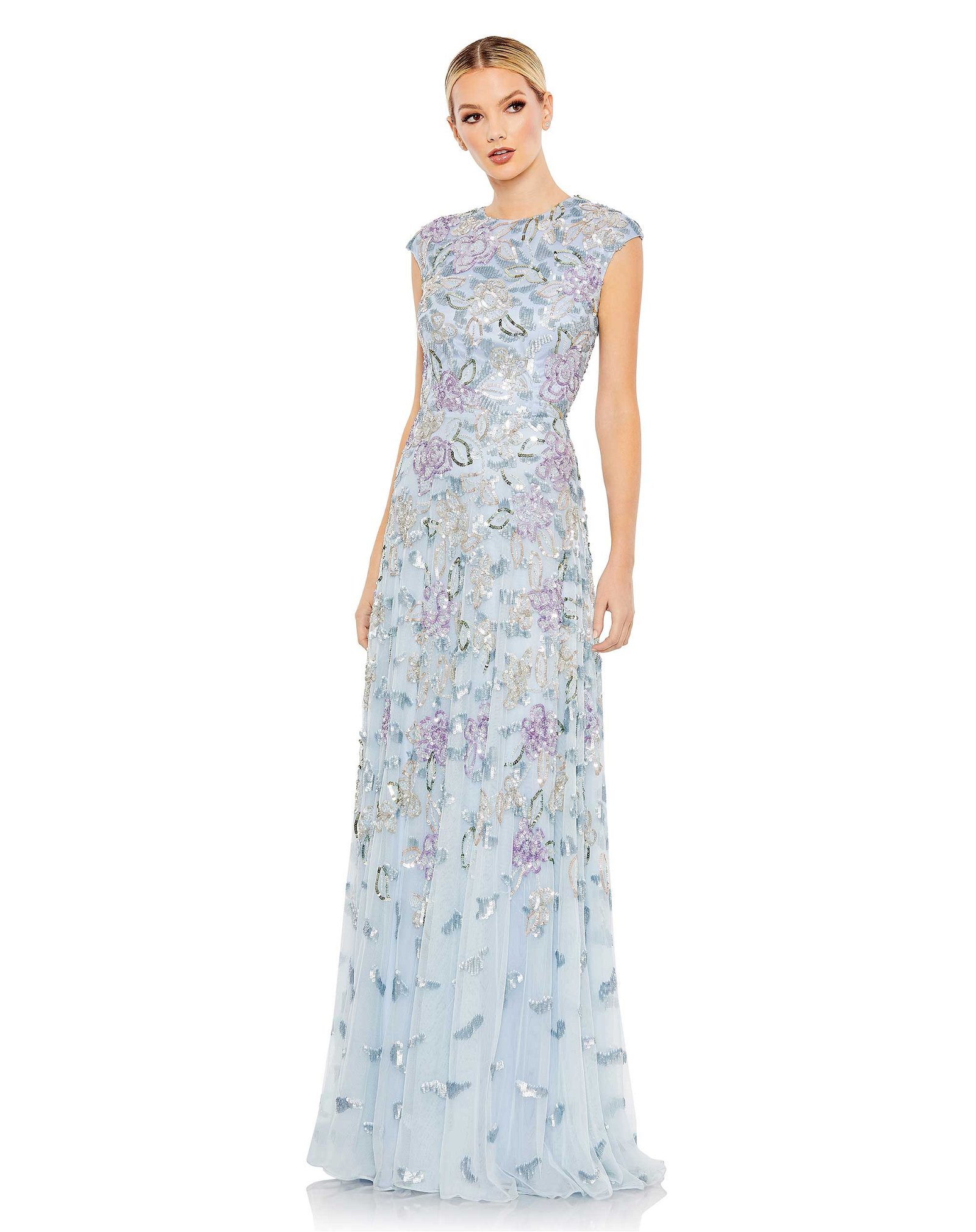 Image of Sequined High Neck Cap Sleeve A Line Gown