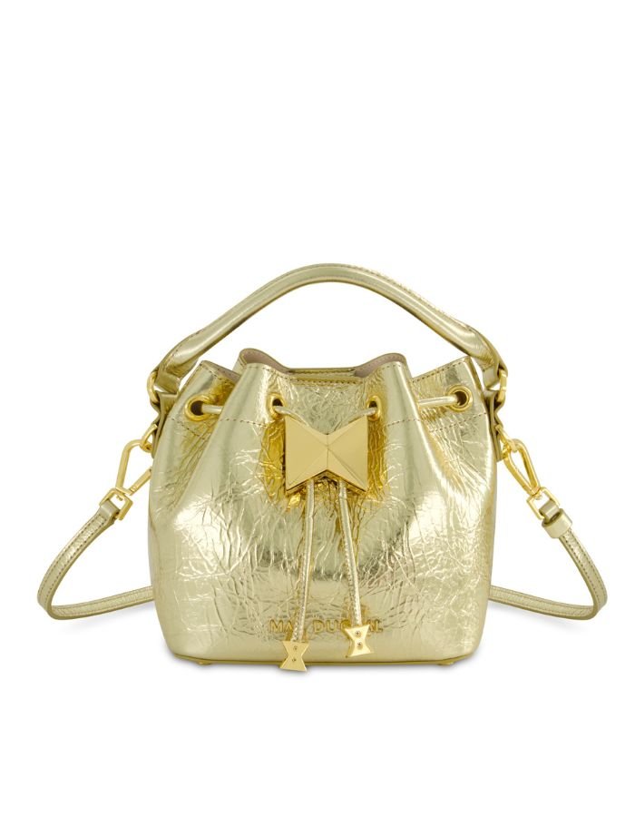 CRINKLE METALLIC LEATHER MINI BUCKET BAG WITH DETACHABLE STRAP