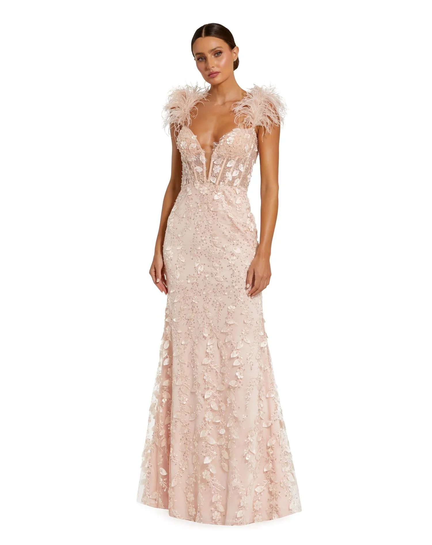 Image of Sheer Applique Bustier Gown with Feather Straps