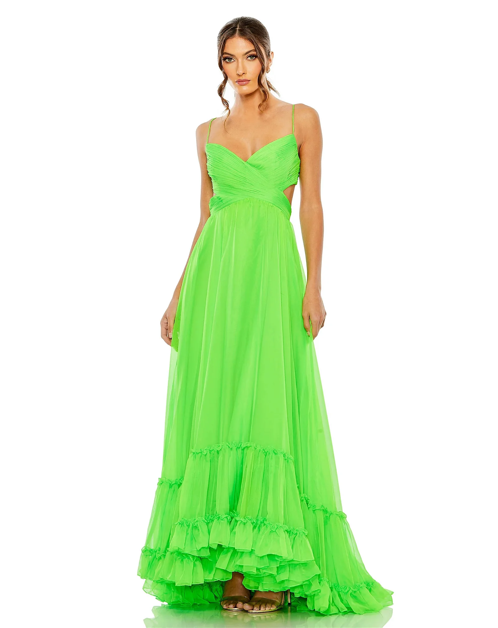 Image of Ruched Tiered Spaghetti Strap Gown