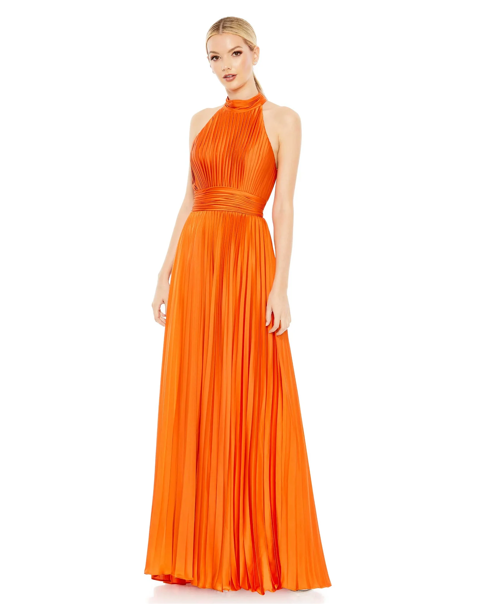 Image of Pleated High Neck Satin Sleeveless Halter Gown