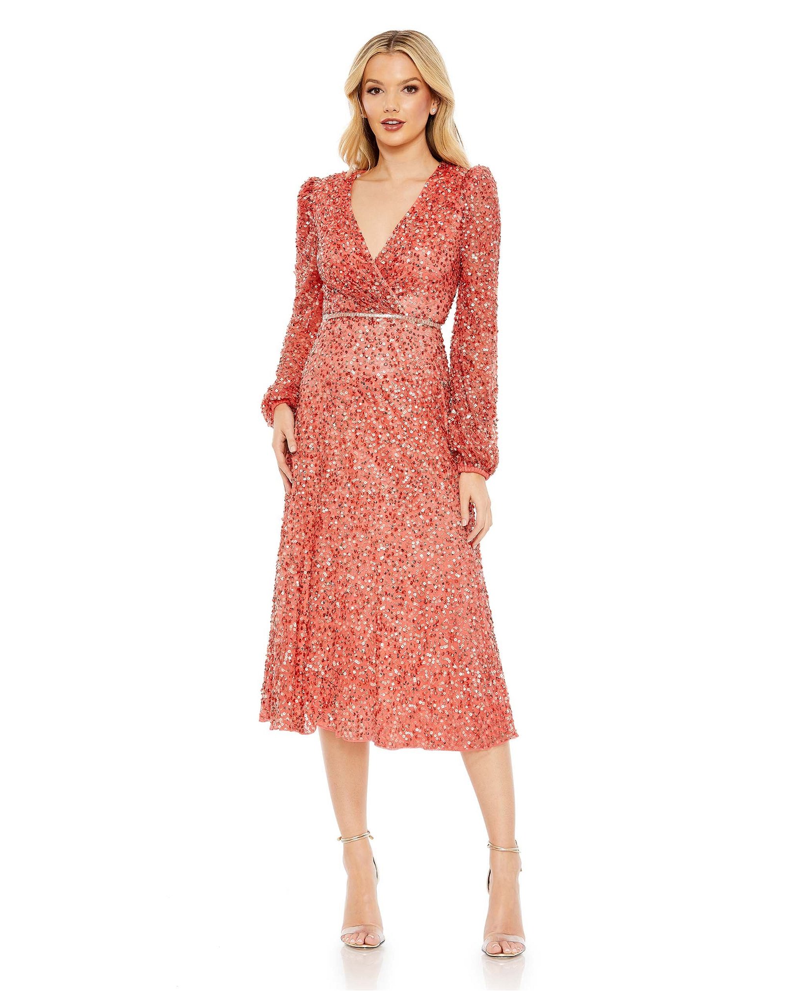 Image of Sequined Puff Sleeve Wrap Over A Line Dress