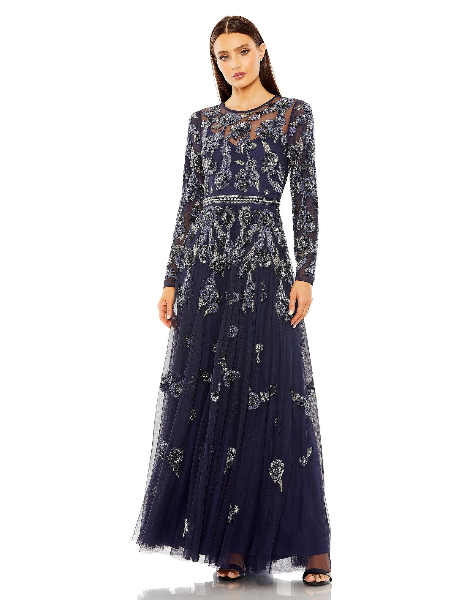 Image of Long Sleeve High Neck Floral Beaded A-line Mesh Gown