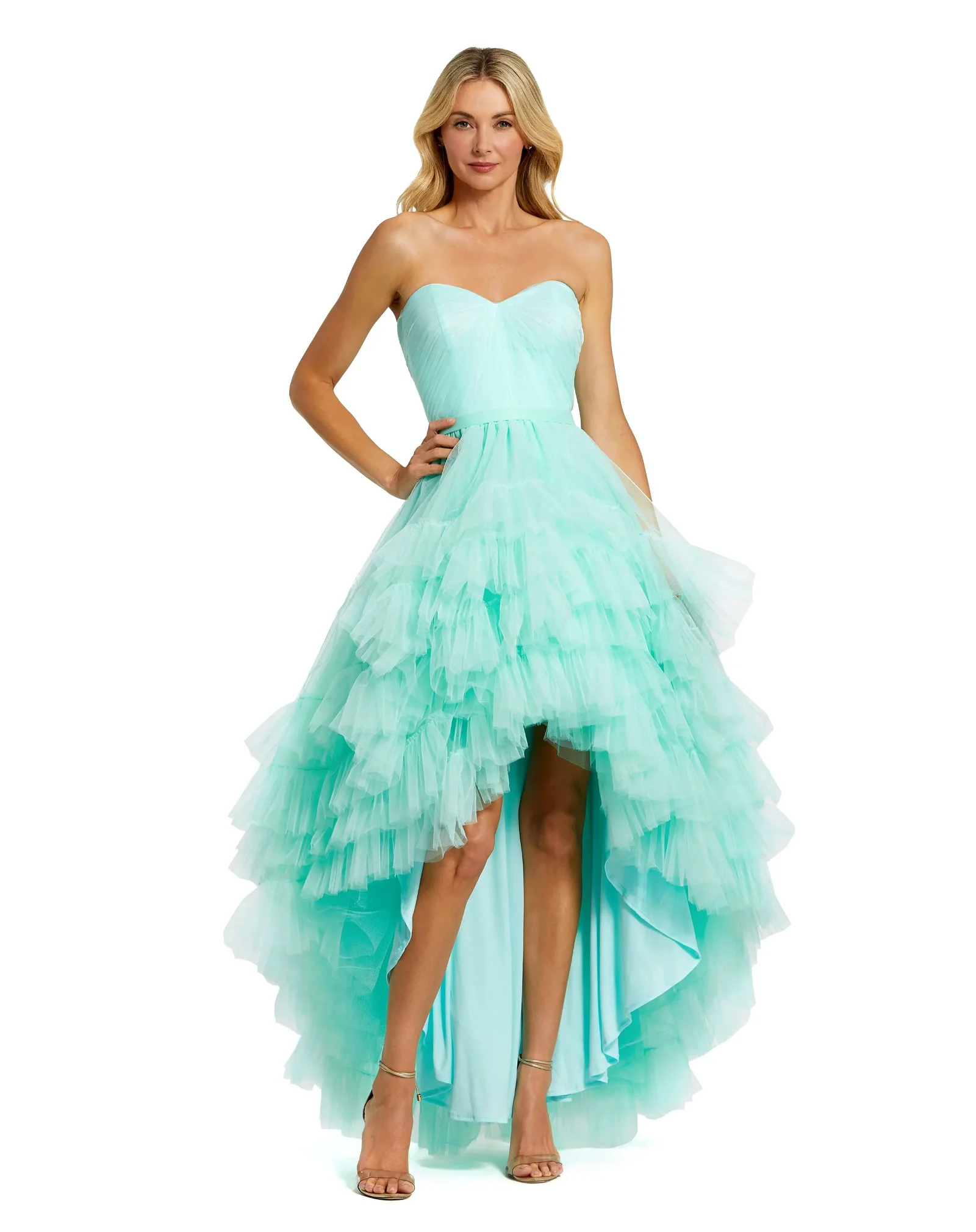 Image of Strapless Ruched Sweetheart Ruffle High Low Gown