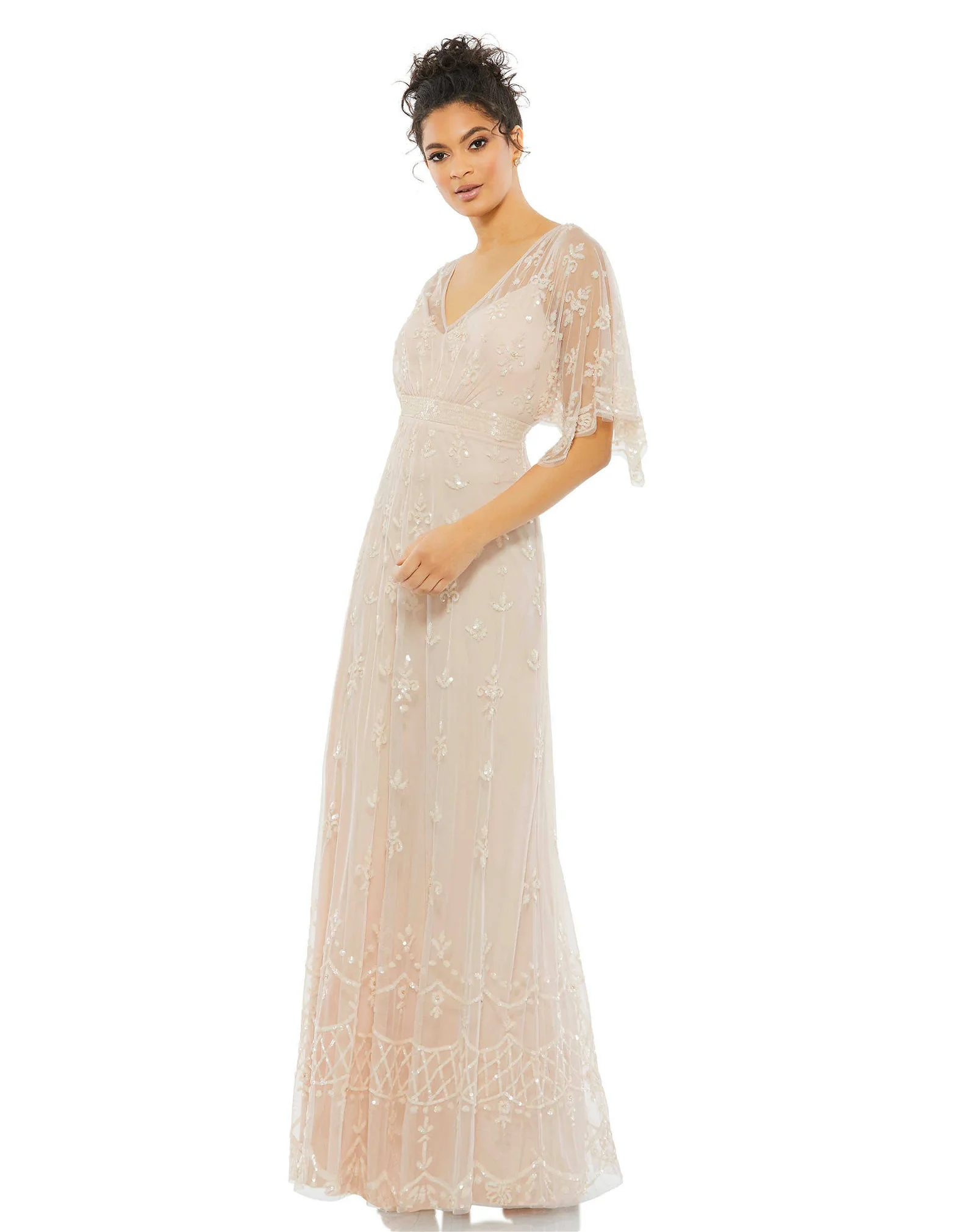 Image of V Neck Flutter Sleeve Embellished Mesh Gown