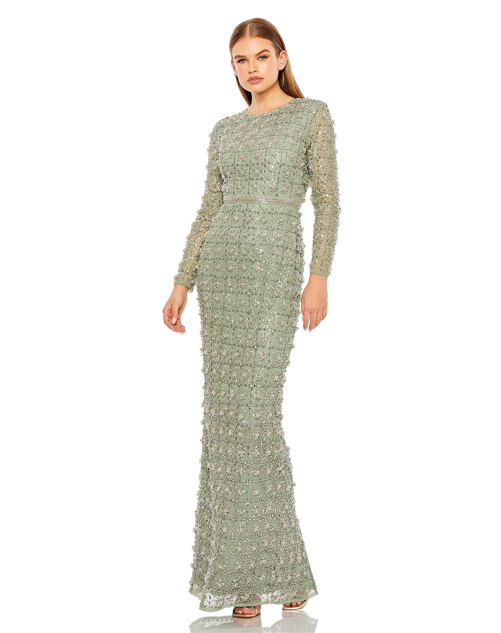 Image of Long Sleeve High Neck Beaded Gown