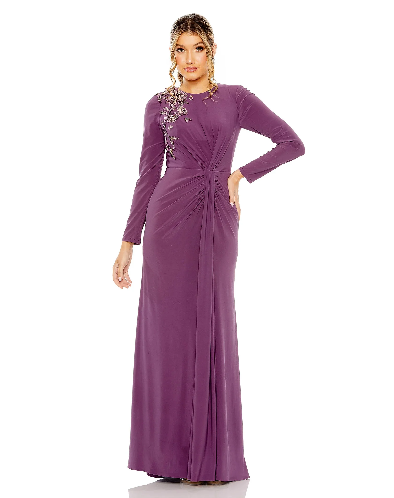 Image of Jersey High Neck Long Sleeve Embellished Gown