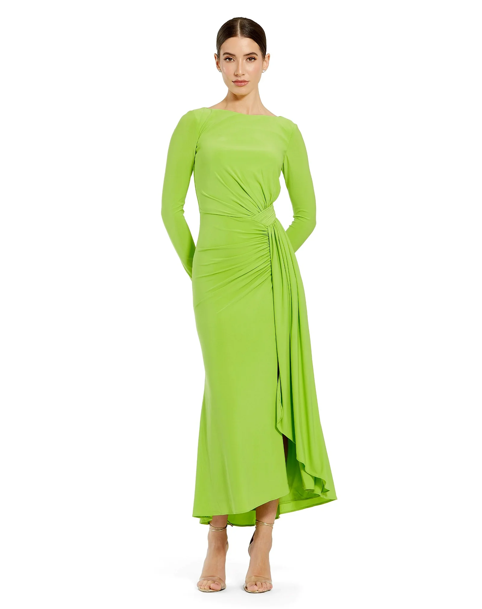 Image of Ruched Long Sleeve Ruffle Hem Dress