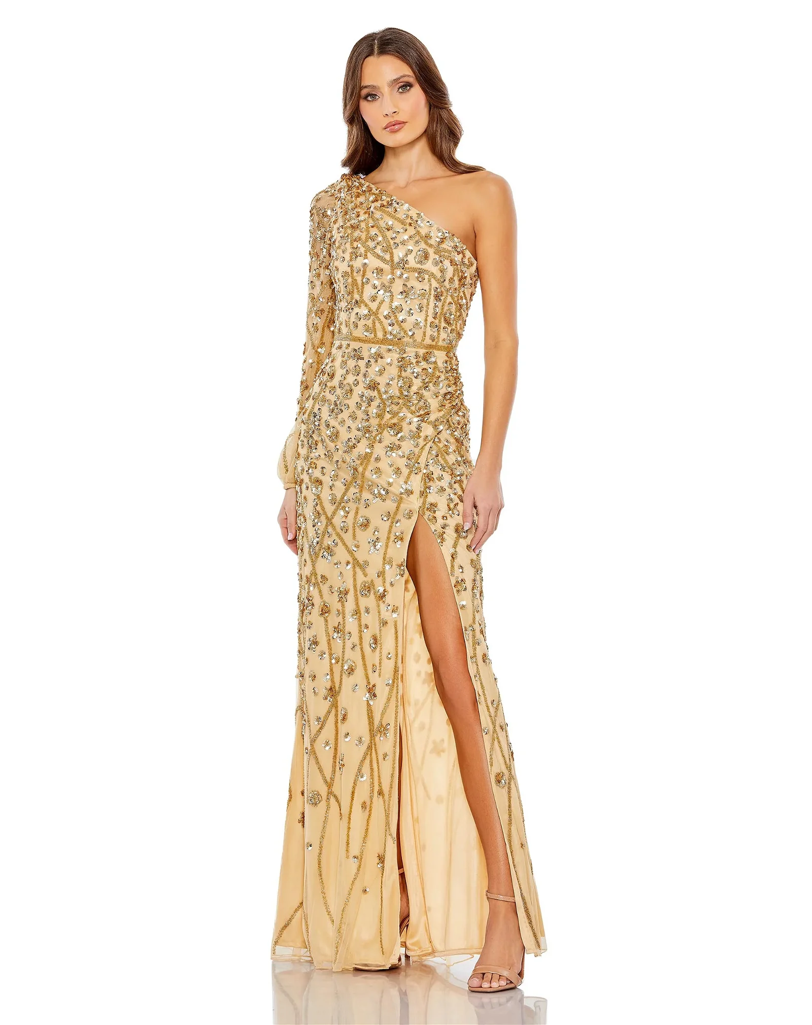 Image of Embellished One Sleeve Faux Wrap Gown