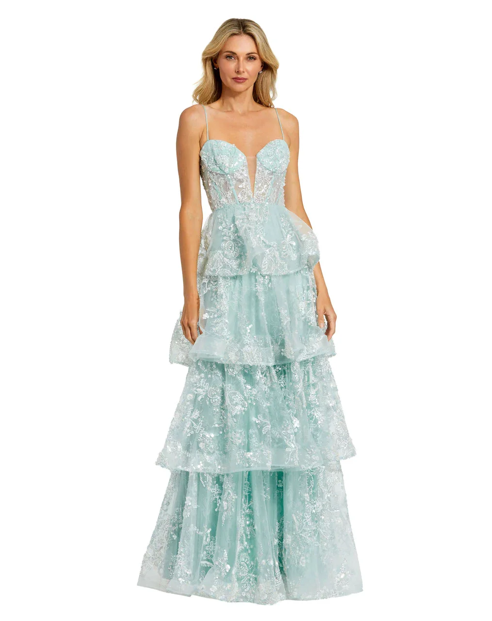 Image of Spaghetti Strap Applique Tiered Ruffle Gown