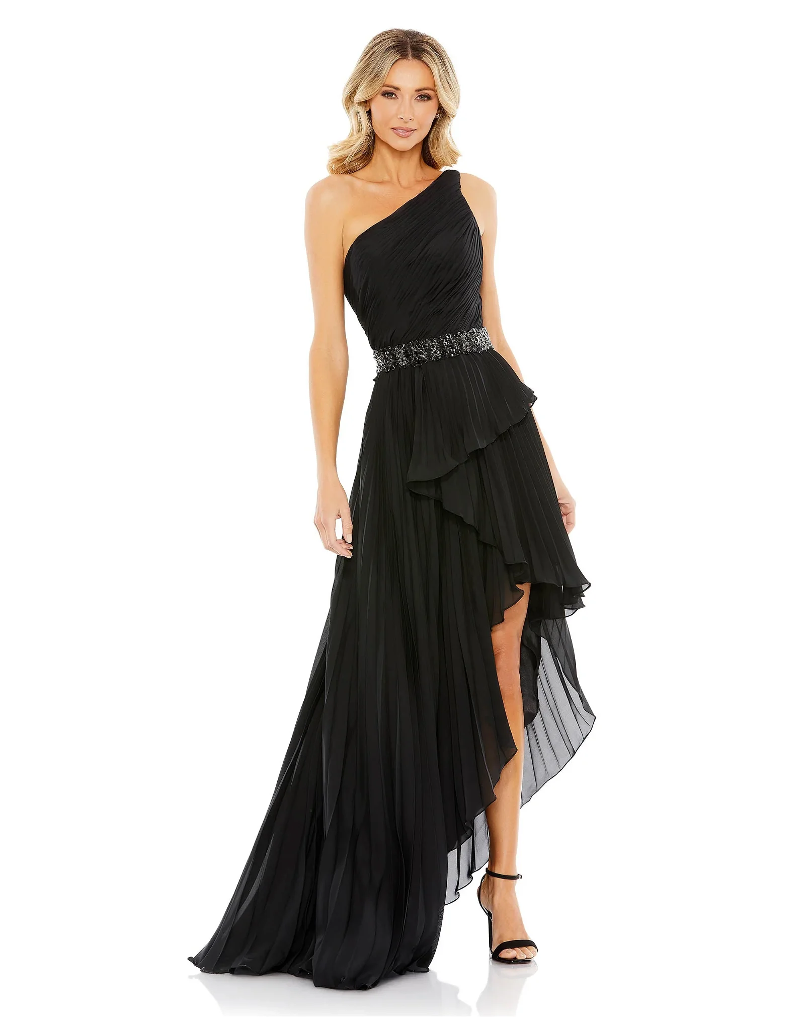 Image of Pleated One Shoulder Asymmetrical Ruffle Hem Gown